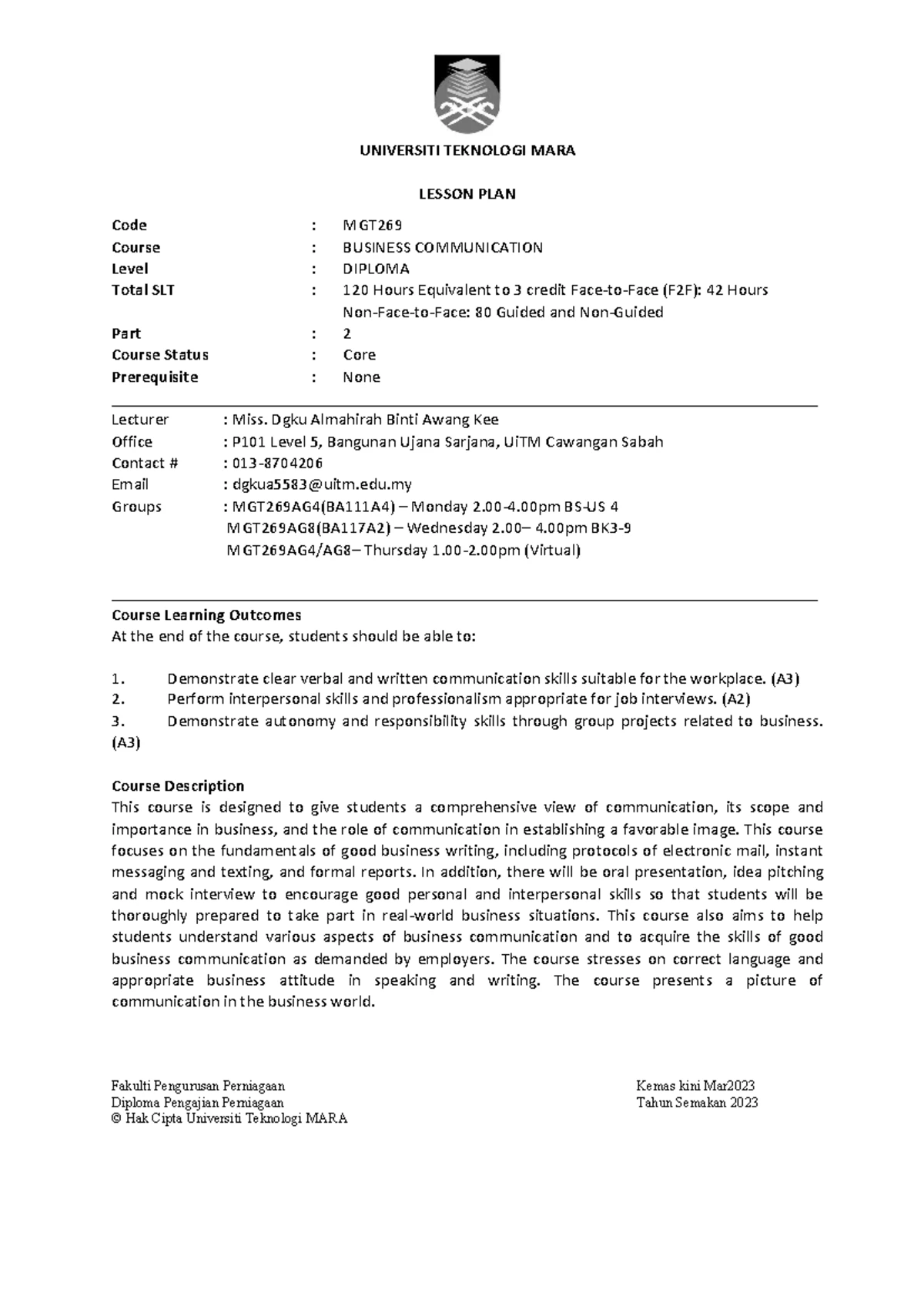 MGT334 - Lesson Plan for ICT Application in Business Course - Studocu