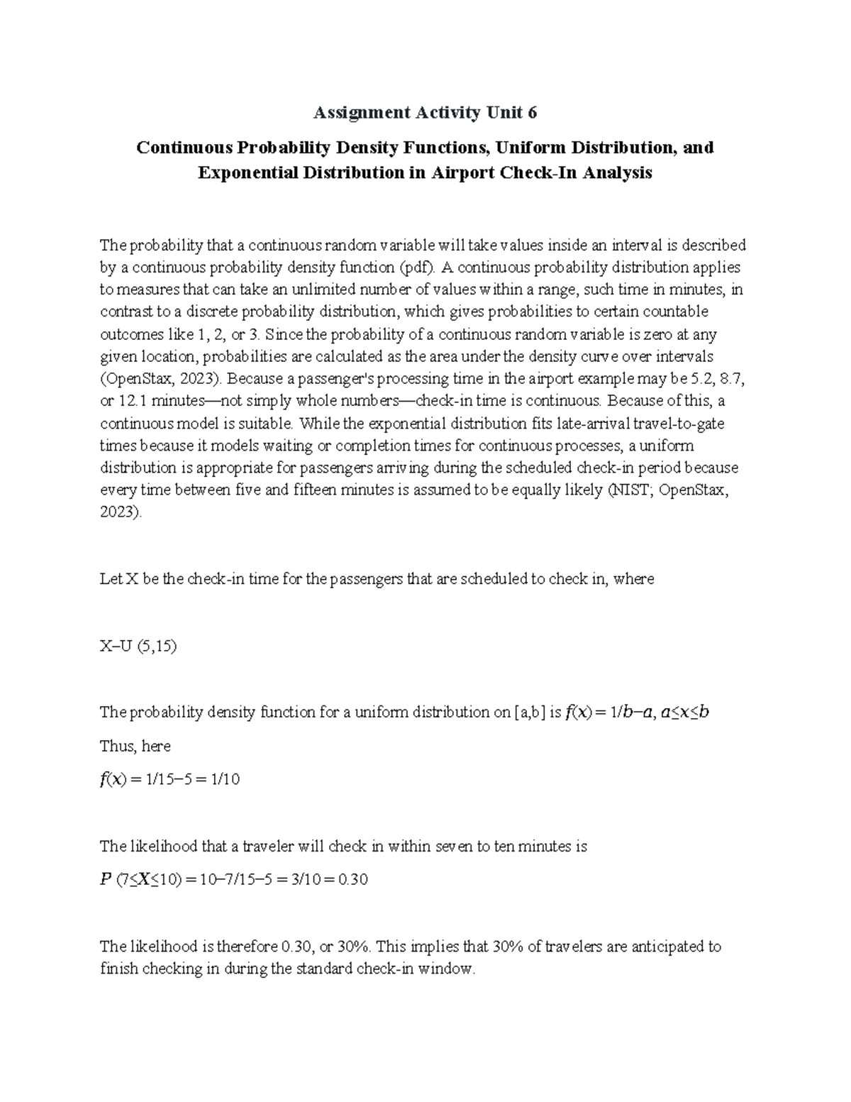 Unit 6 Assignment: Continuous Probability & Distributions in Airport ...