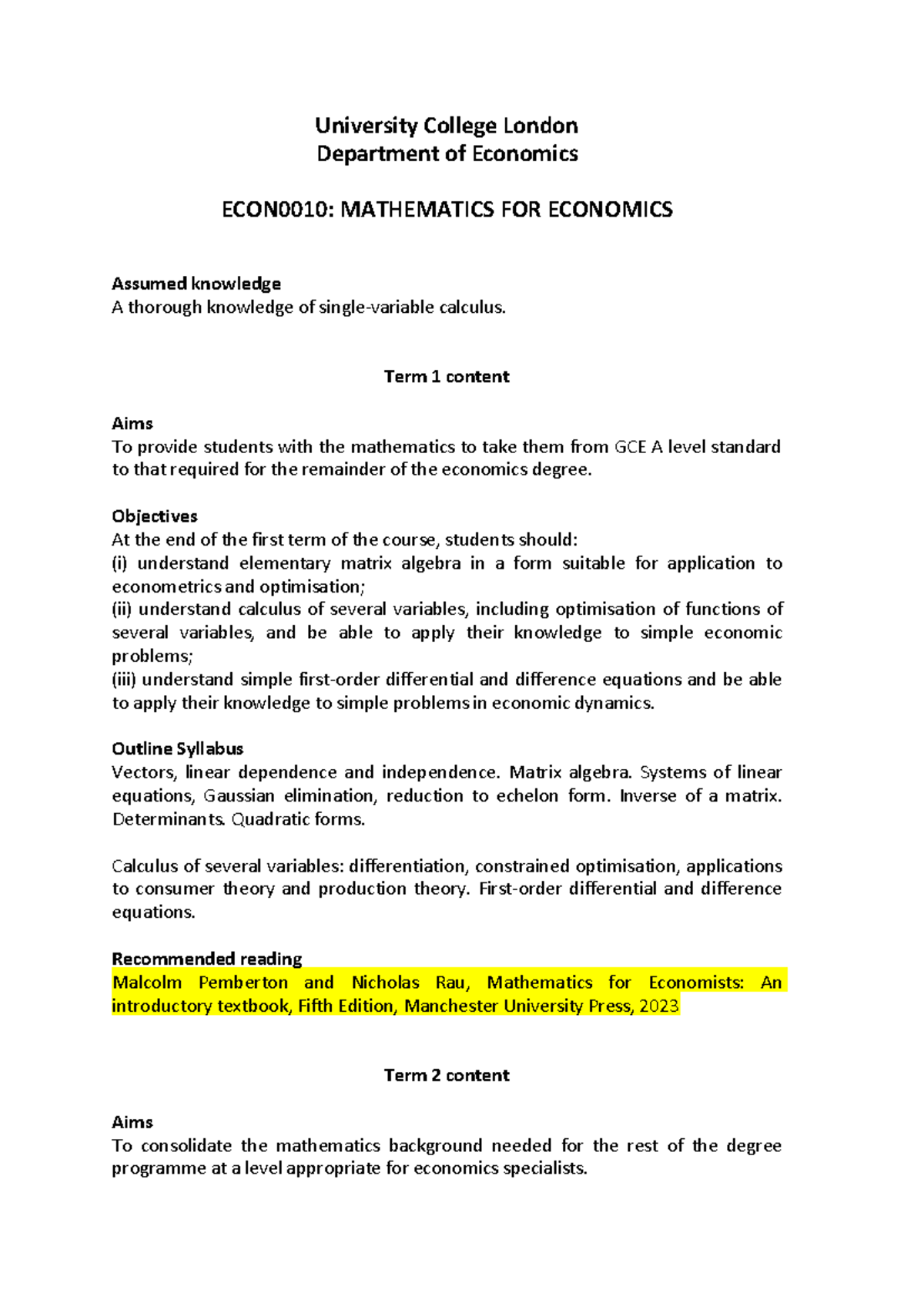 ECON0010: Mathematics for Economics - Term 1 Overview - Studocu
