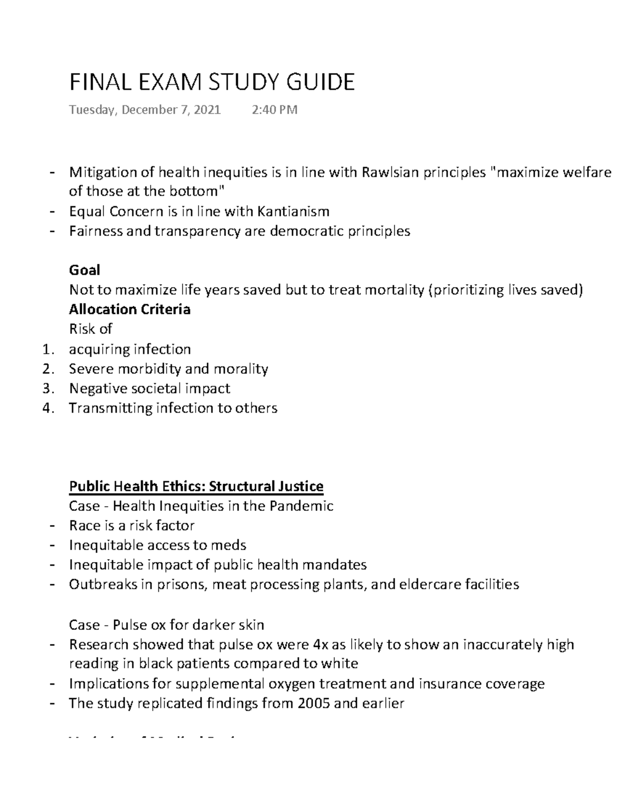 Final Exam Study Guide - Health Inequities and Ethics (Mind & Medicine ...