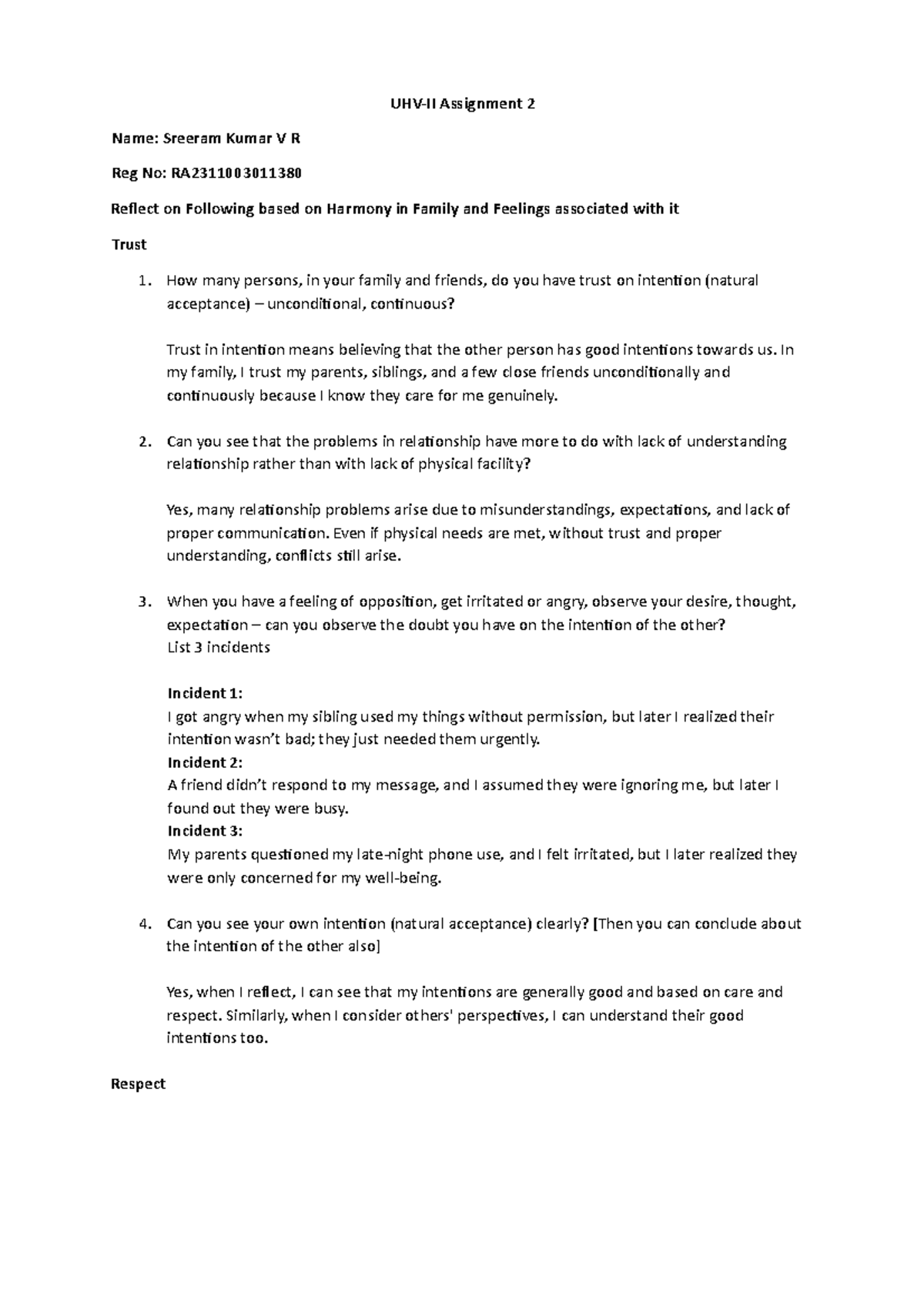 UHV Assignment II: Reflections on Trust, Respect, and Relationships ...