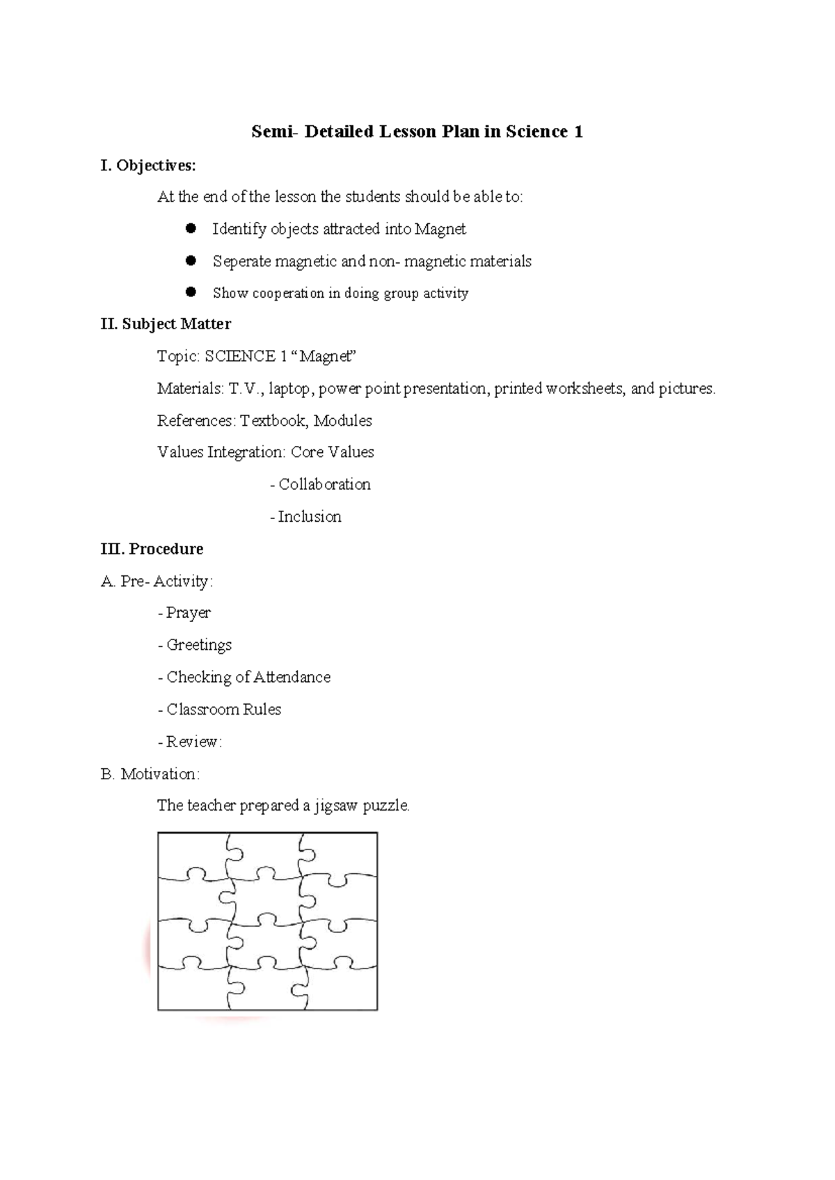 SDLP Grade 1 Final: Lesson Plan on Magnets and Their Properties - Studocu