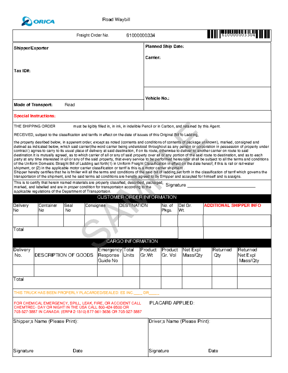Road Waybill - Vận Đơn Đường Bộ - Freight Order No. 61000000334 - Studocu