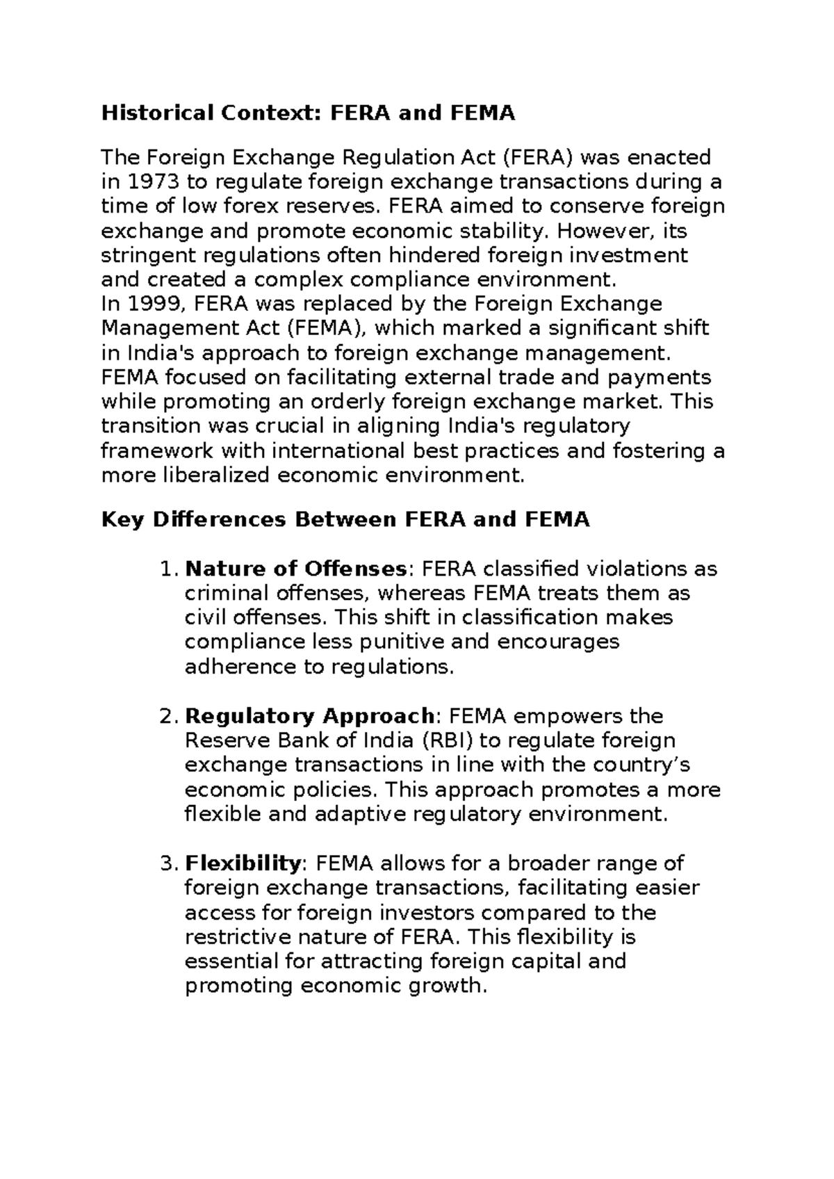 FDI - Historical Context of FERA and FEMA Regulations - Studocu