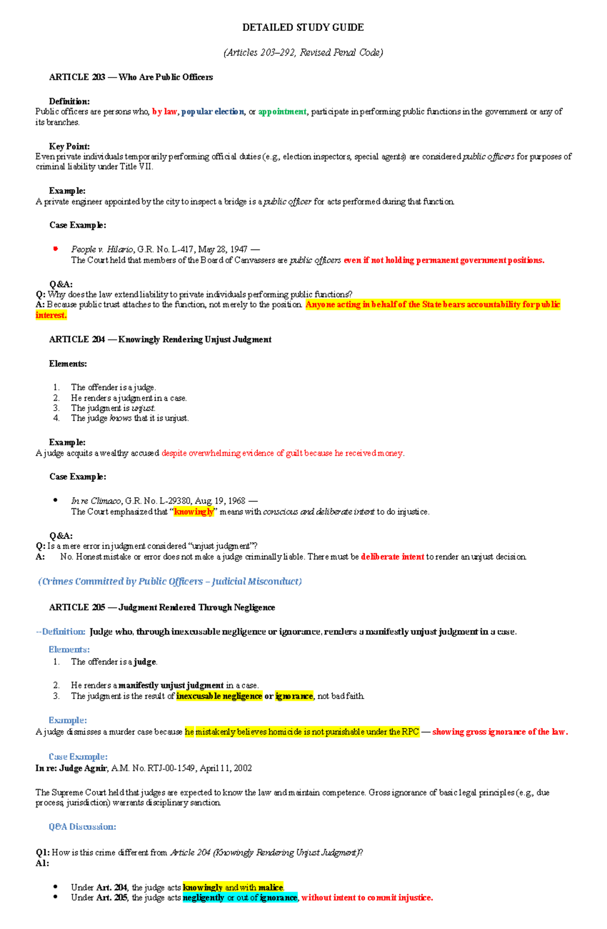 REVISED PENAL CODE STUDY GUIDE: ARTICLES 203-292 (7TO9) - Studocu