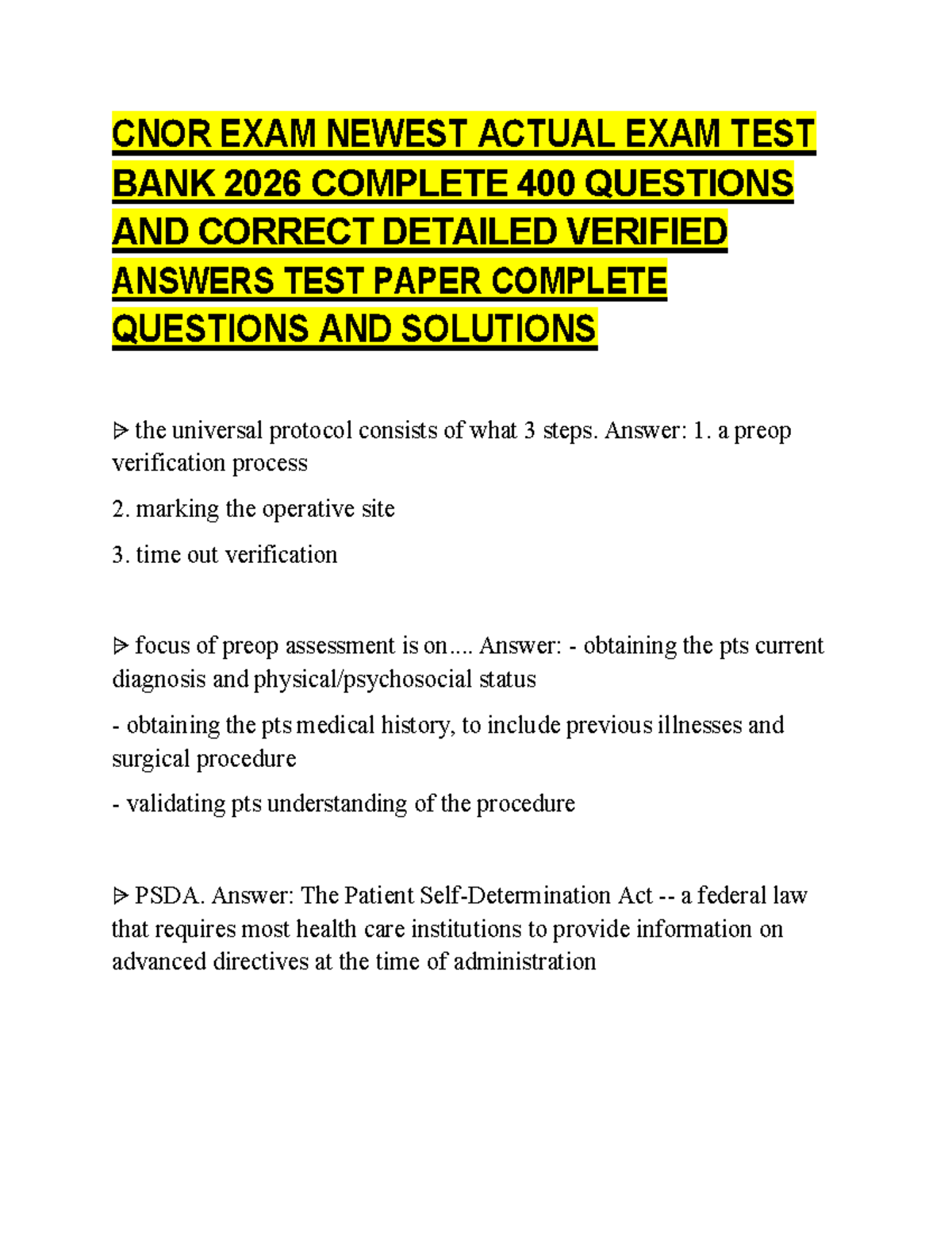 CNOR 2026 FINAL EXAM TEST BANK: 400 QUESTIONS & ANSWERS - Studocu