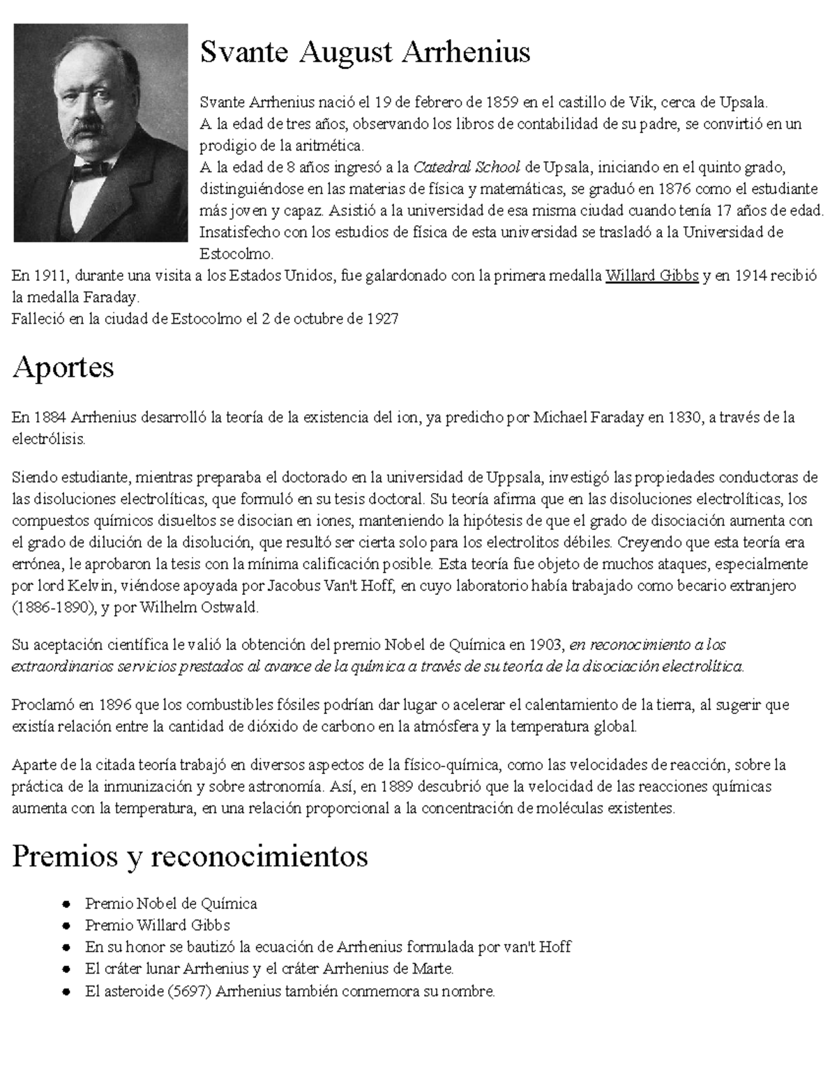 Biografía de Svante Arrhenius: Aportes y Reconocimientos - Studocu