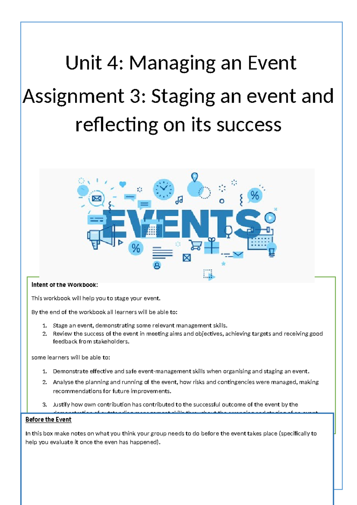 Unit 4: Managing an Event - Assignment 3 Workbook Final Evaluation ...