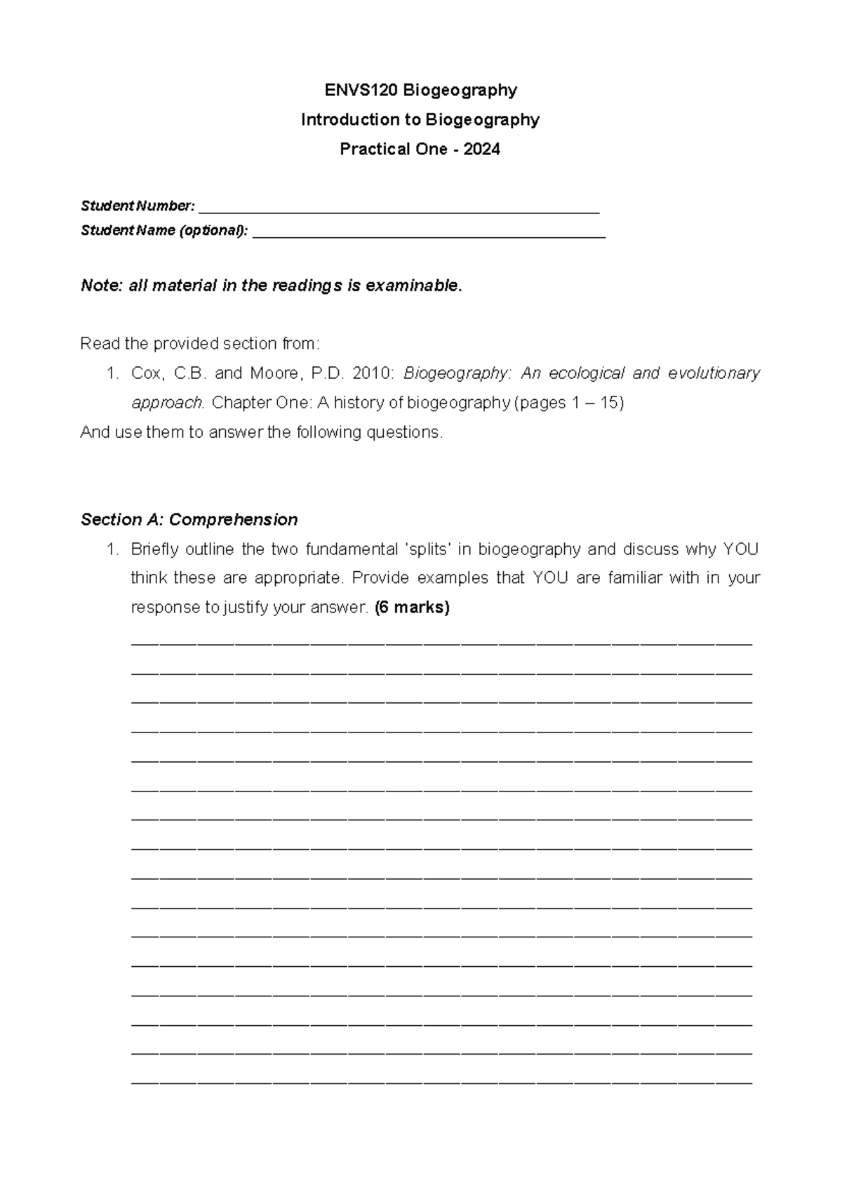 Prac 1 - ENVS120 Biogeography: Understanding Key Concepts and Theories ...