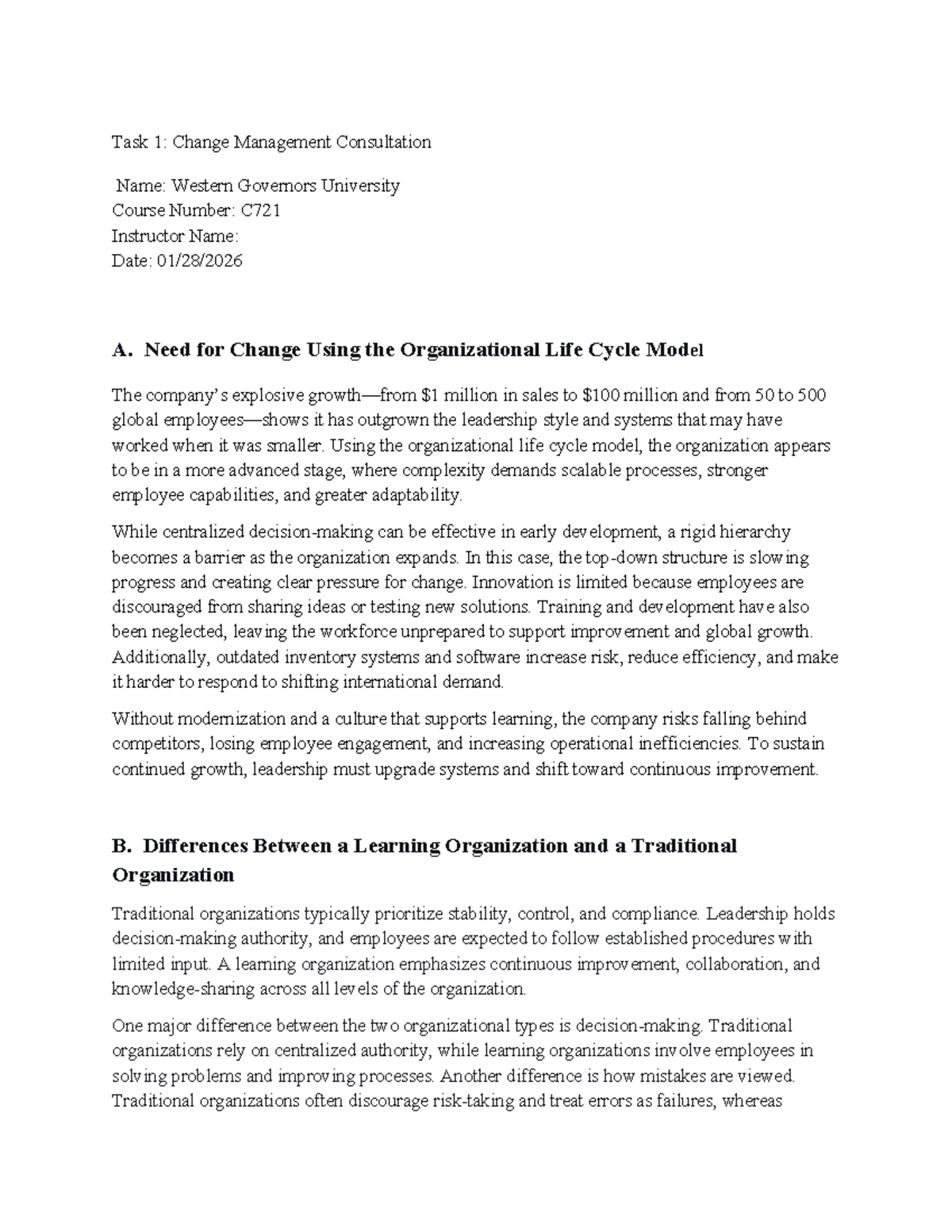 C721: Change Management Consultation Task 1 Analysis and Strategies ...