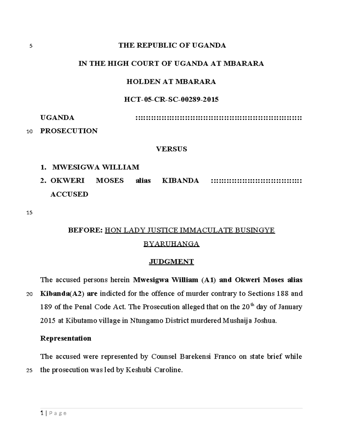 Uganda v Mwesigwa & Okweri: High Court Murder Judgment (HCT 00 SC 289/ ...