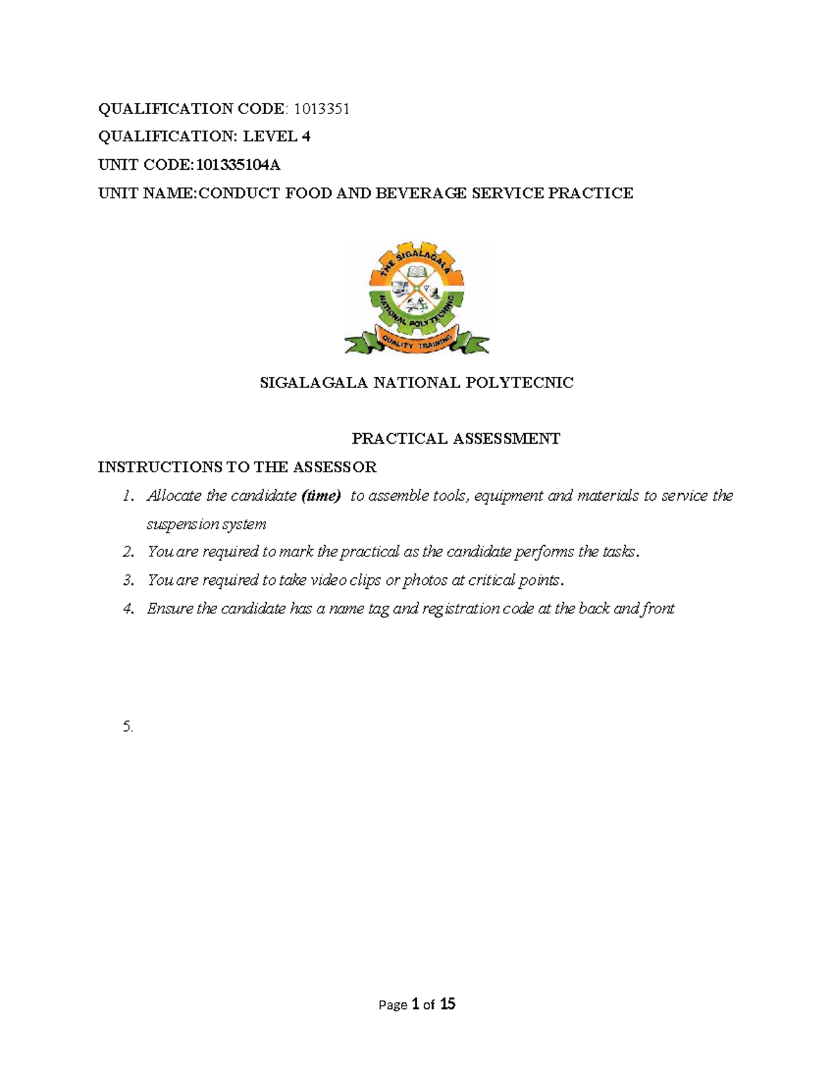 Service Observation Checklist for Level 4 - Conduct Food & Beverage ...