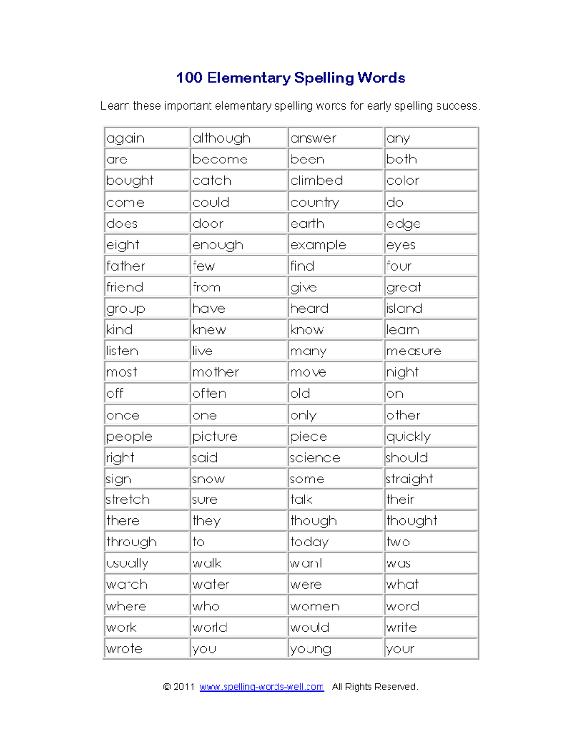 Elementary spelling words 100 - © 2011 spelling-words-well All Rights ...