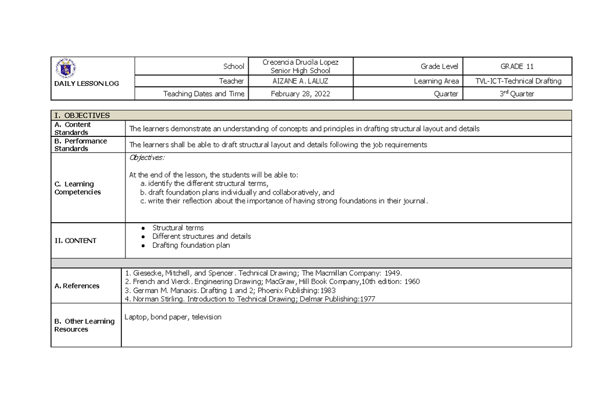 TLE TECHNICAL DRAFTING: Daily Lesson Log for Grade 11 Drafting - Studocu
