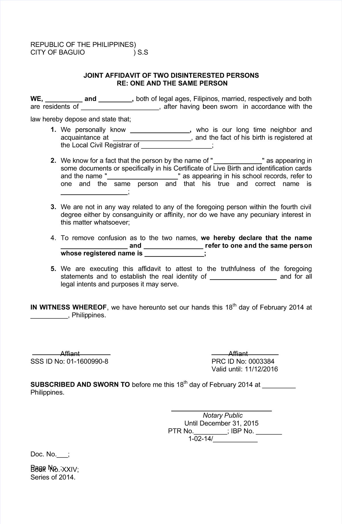 Joint Affidavit of Two Disinterested Persons for Notary Public - Studocu