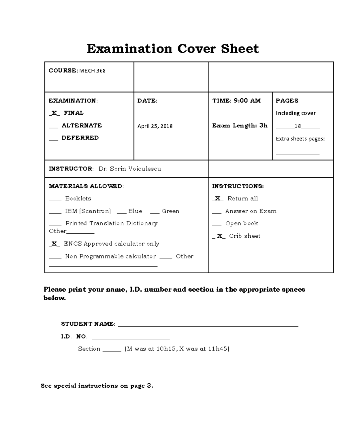 MECH 368 Final Exam Cover Sheet and Instructions - April 2018 - Studocu
