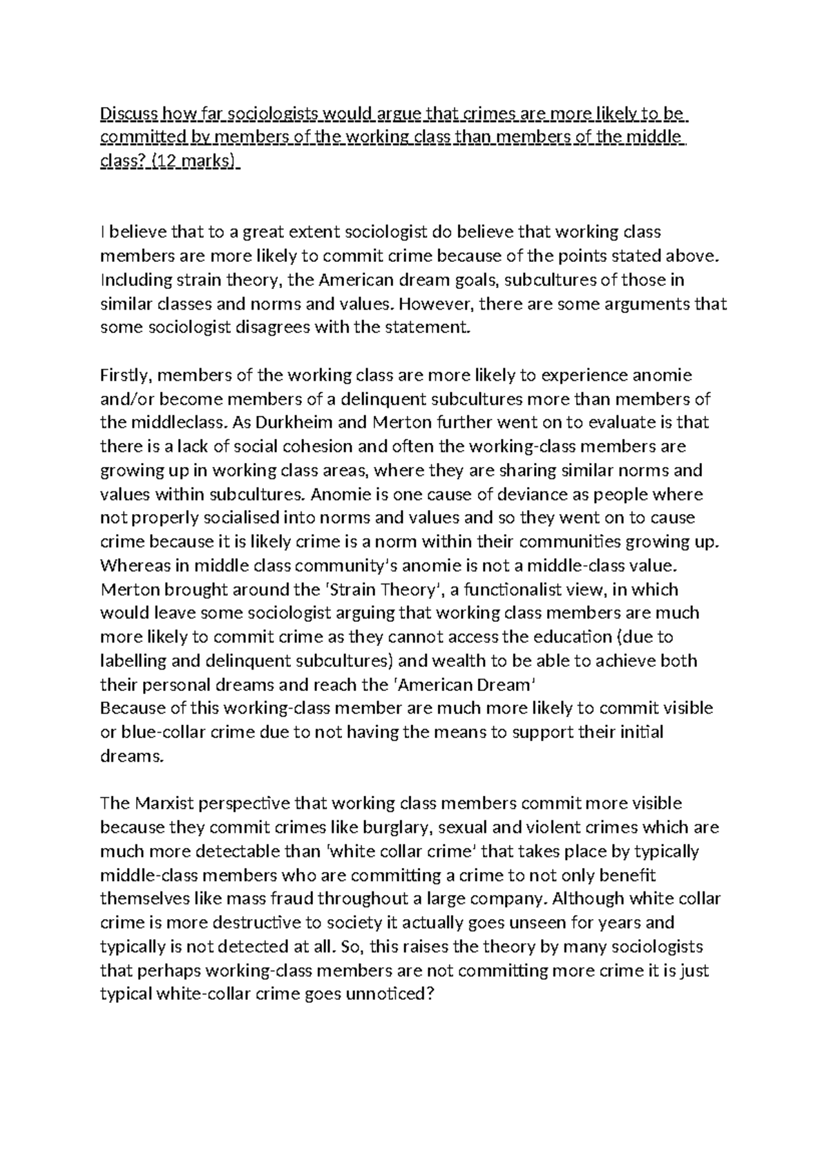 C^0D Essay on Working Class vs Middle Class Crime (12 Marks) - Studocu