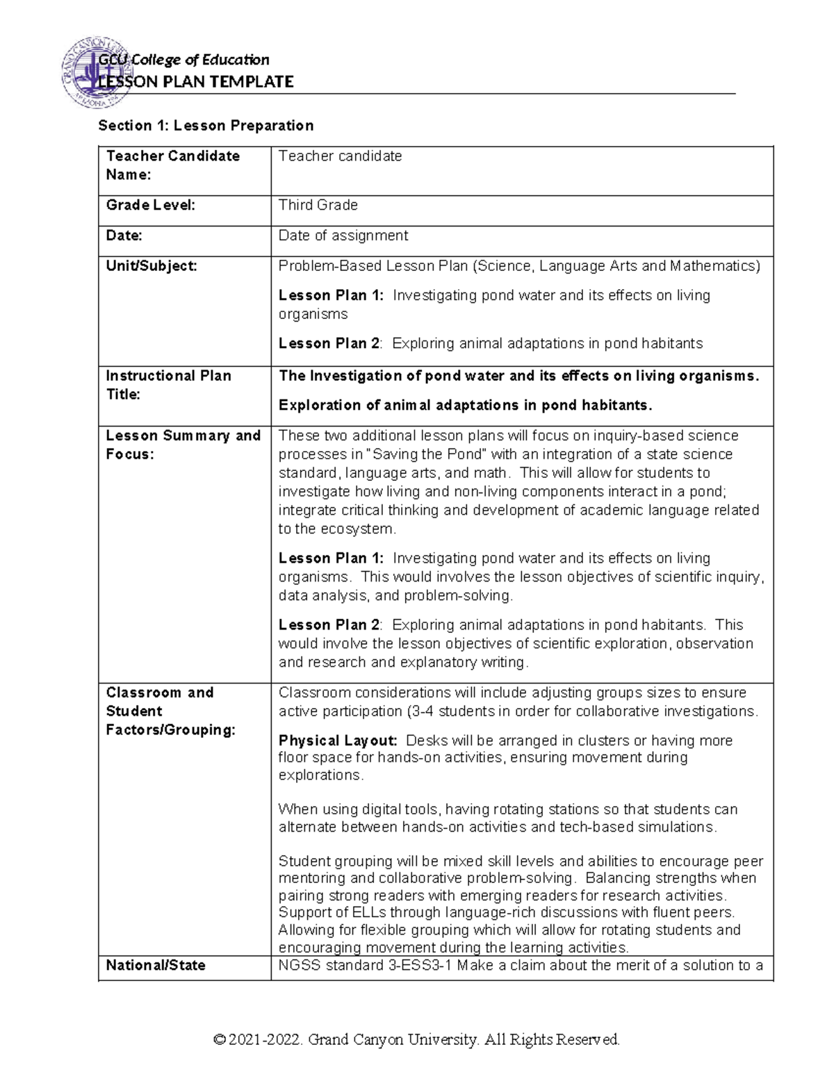 GCU ECE460 Lesson Plan: Investigating Pond Ecosystems & Adaptations ...