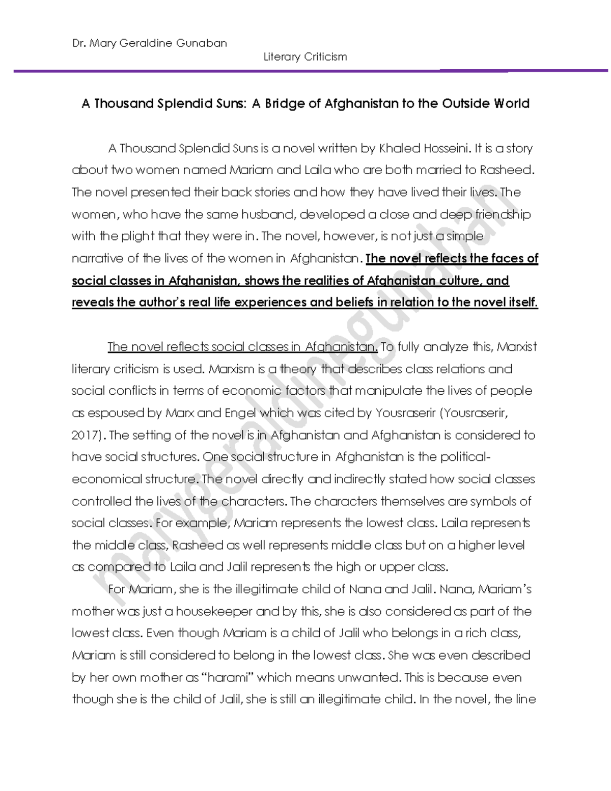 Marxist Literary Analysis of A Thousand Splendid Suns (ENG 201) - Studocu