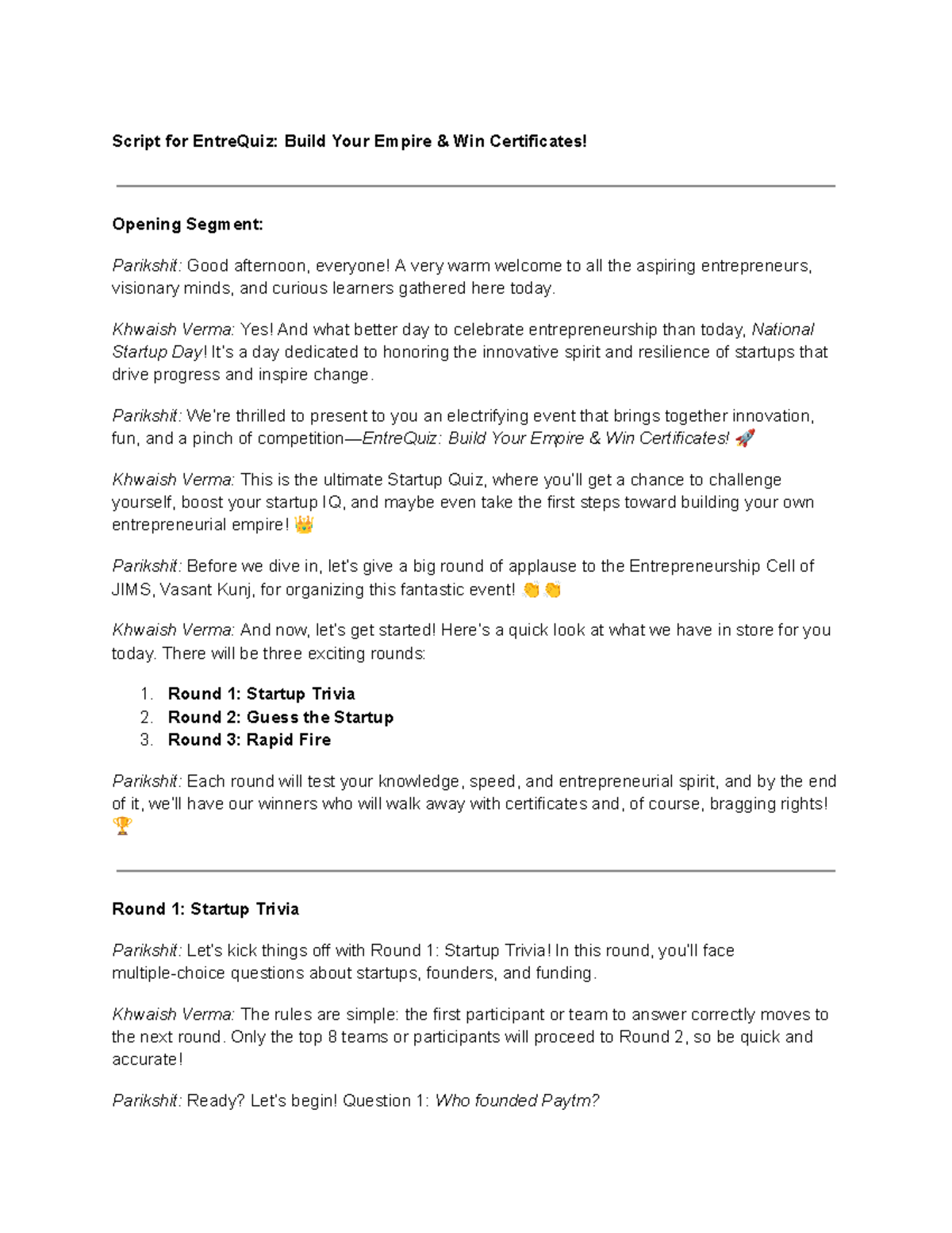 Entrepreneurship Quiz Script: Build Your Empire - Entre Quiz - Studocu