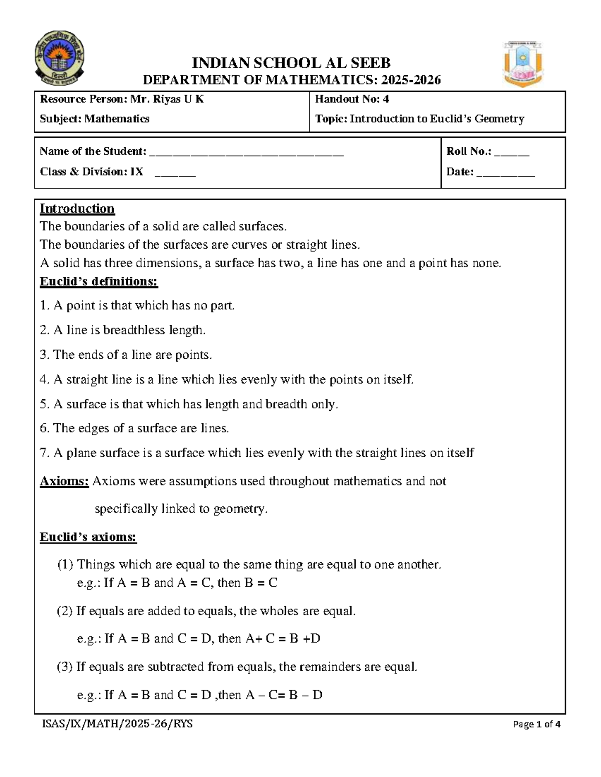 Class IX Mathematics Handout 4: Introduction to Geometry - Studocu
