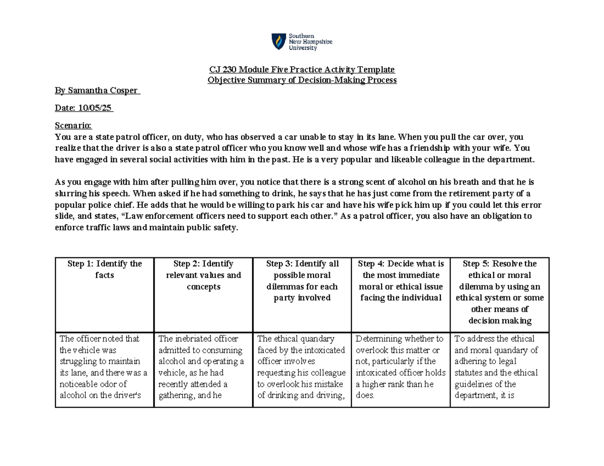 CJ 230 Module 5 Ethical Dilemma: Officer DUI Scenario Analysis - Studocu