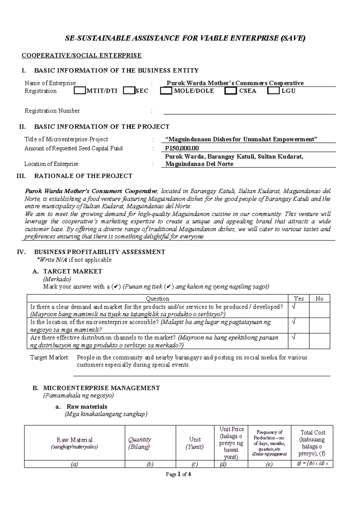 SAVE Enterprise I: Microenterprise Project Proposal for Purok Warda ...