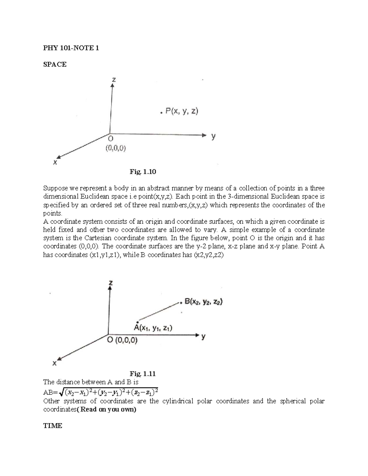 PHY 101 Lecture Notes: Abstract Representation in 3D Space and ...