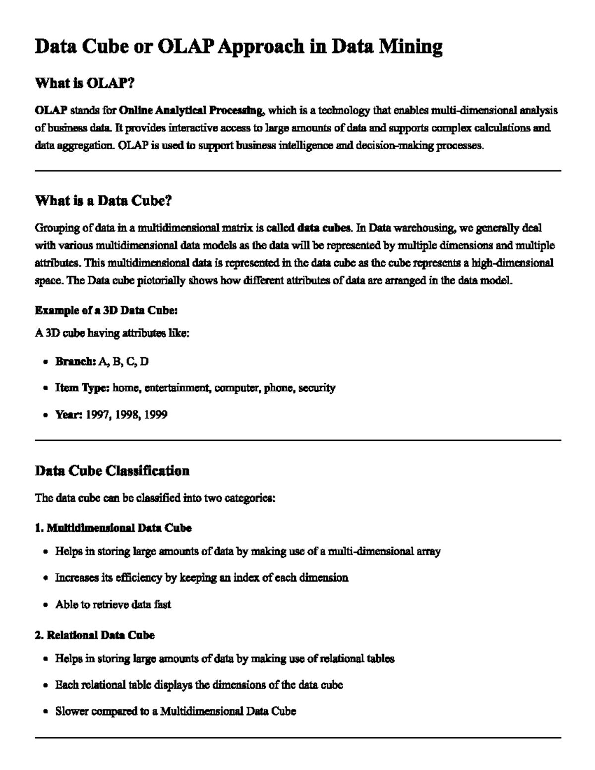 UNIT 2: OLAP and Data Cube Operations in Data Mining - Studocu