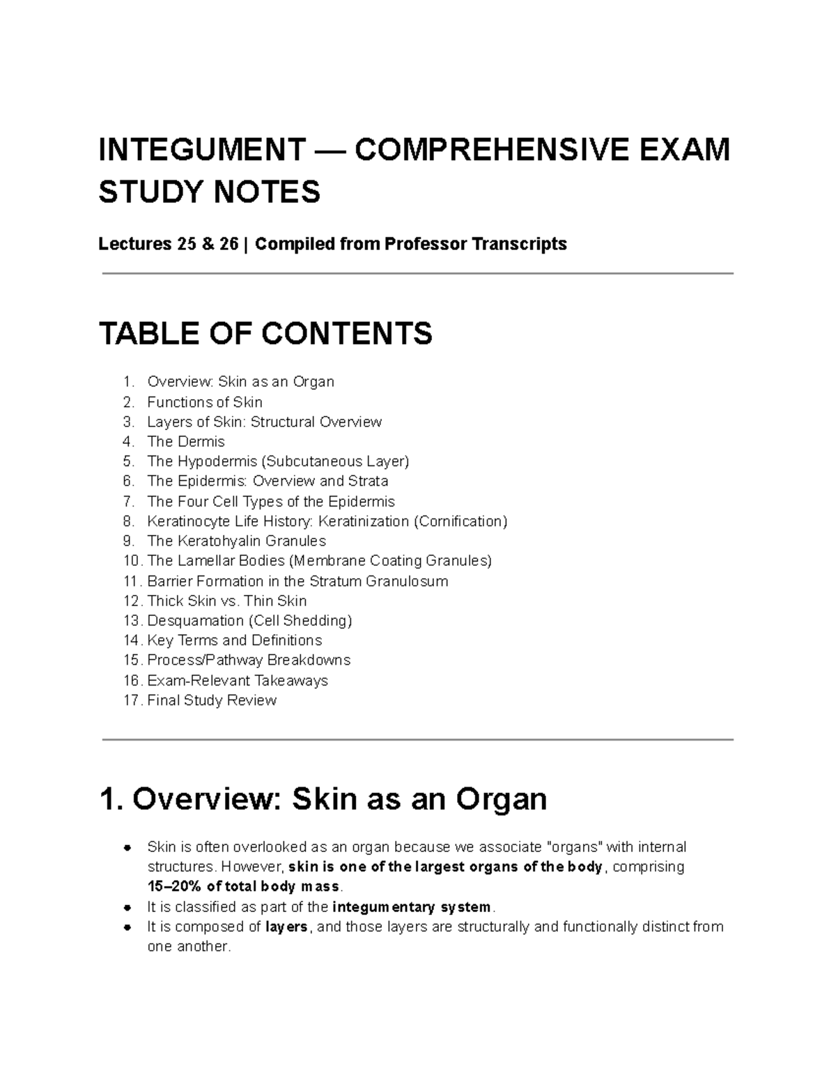 INTEGUMENTARY SYSTEM COMPREHENSIVE EXAM STUDY NOTES (INTEG 101) - Studocu