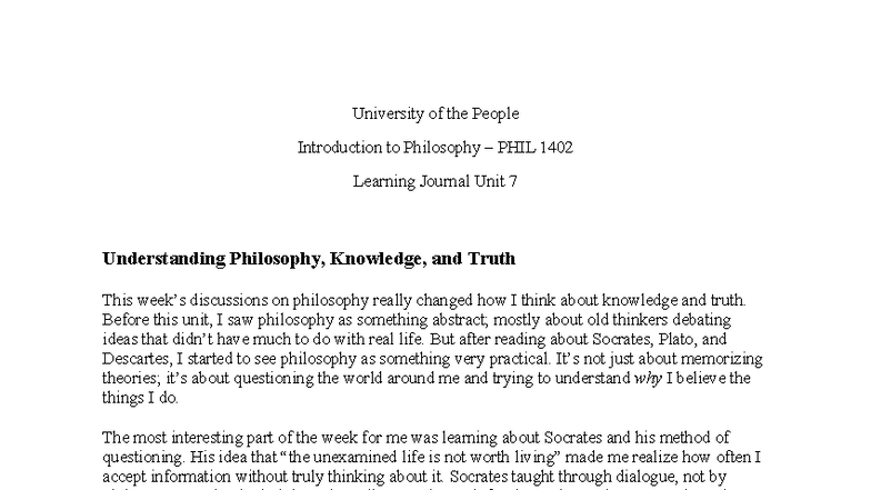 PHIL 1402 Learning Journal Unit 7: Insights on Philosophy and Truth ...