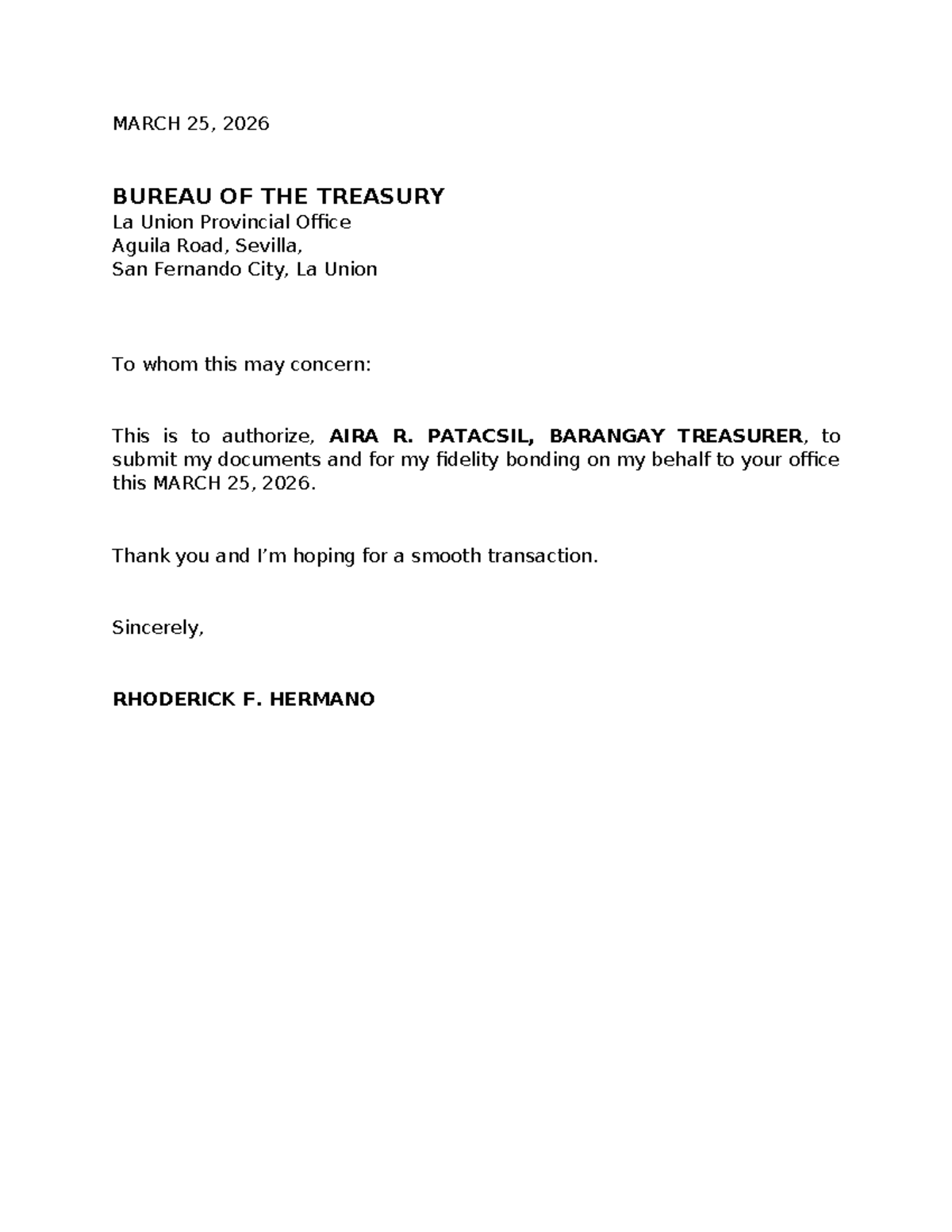 Authorization Letter for Bureau of Treasury - March 25, 2026 - Studocu