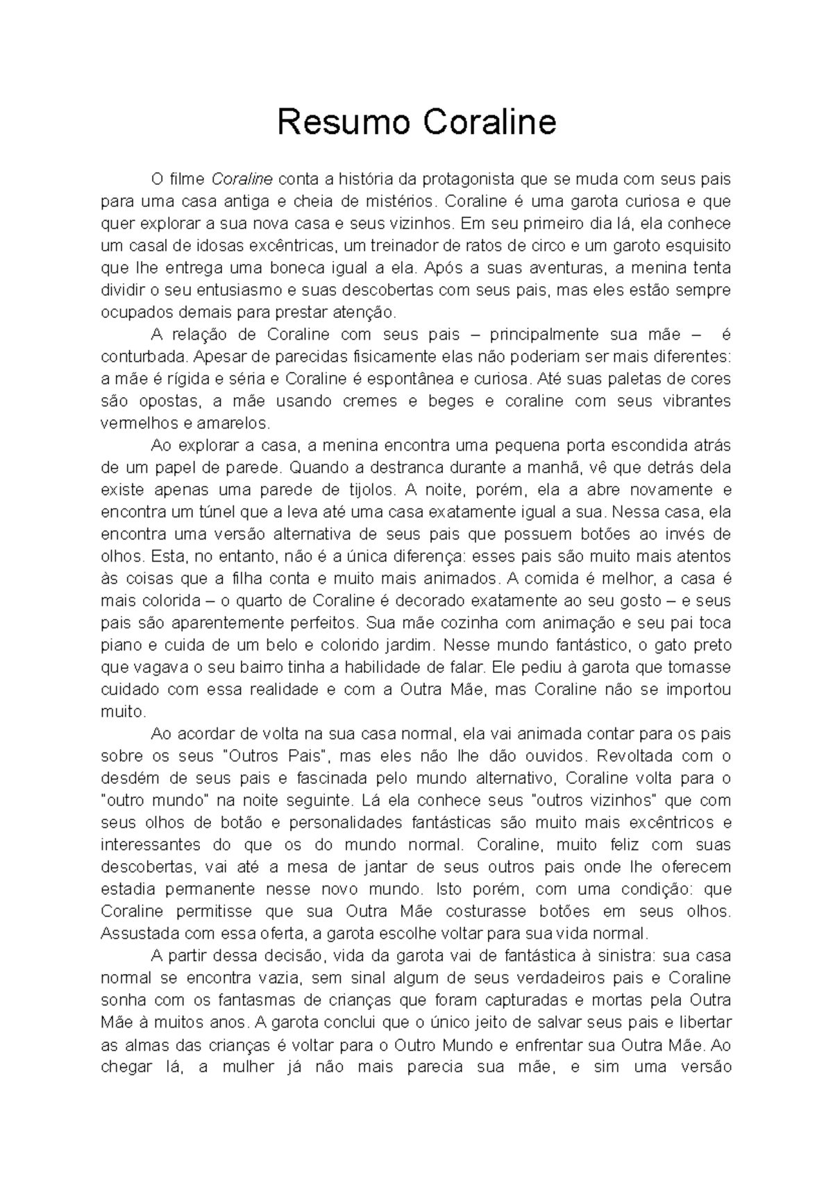 Coraline - Análise do Filme e Temas Centrais - Studocu