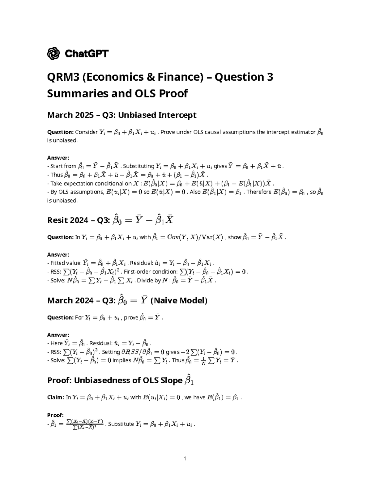 QRM3 (Econ & Fin) – Q3 Summaries & OLS Unbiasedness Proof - Studeersnel