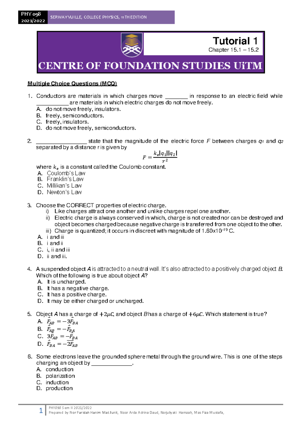 PHY 098 - Tutorial 1: MCQ & Structured Questions Guide - Studocu
