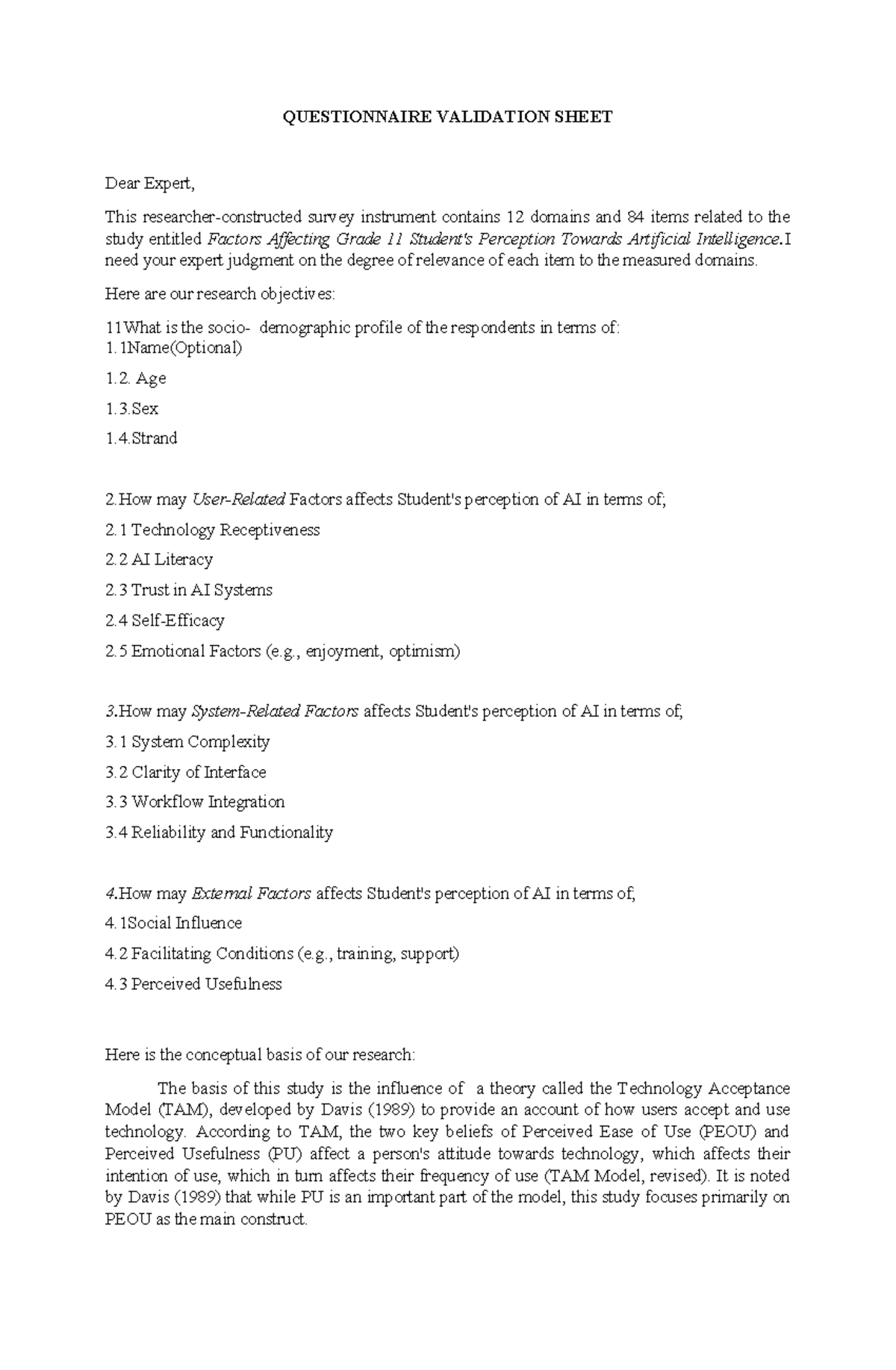 Validation Sheet for Questionnaire on Factors Affecting Grade 11 ...