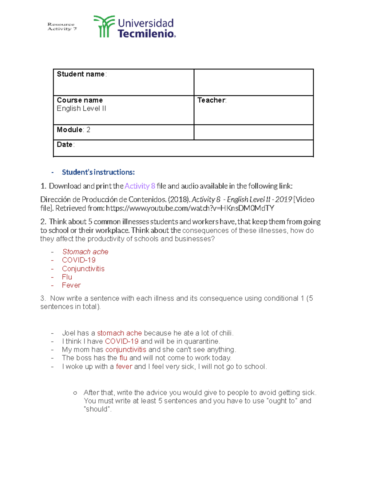 Activity 8 - ejercicios clase de ingles II - Student name : Course name ...