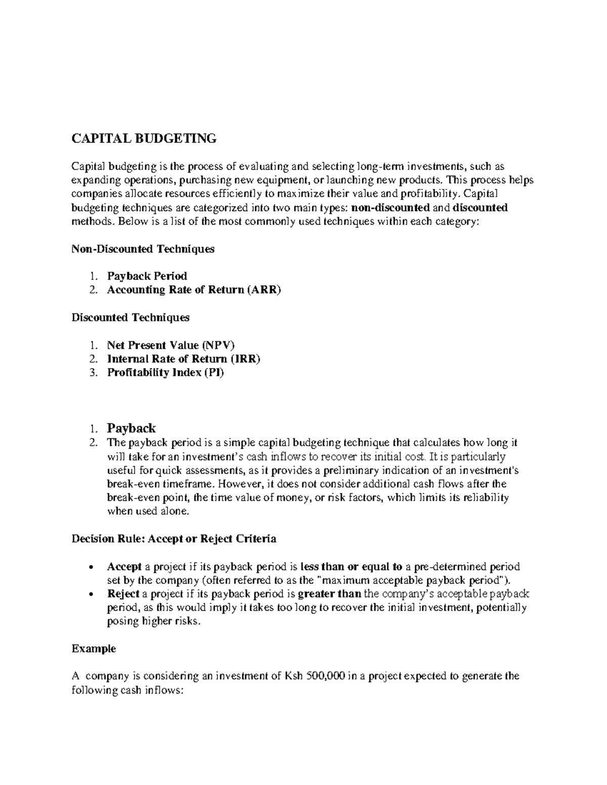 Capital Budgeting Techniques - Class Notes for Finance 101 - Studocu