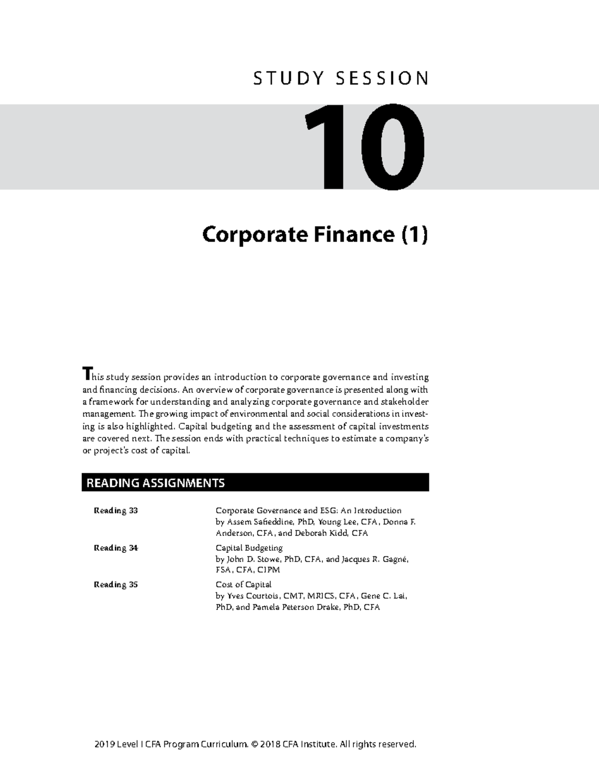 CFA Level 1 2019 - Study Session 10: Corporate Finance Insights - Studocu