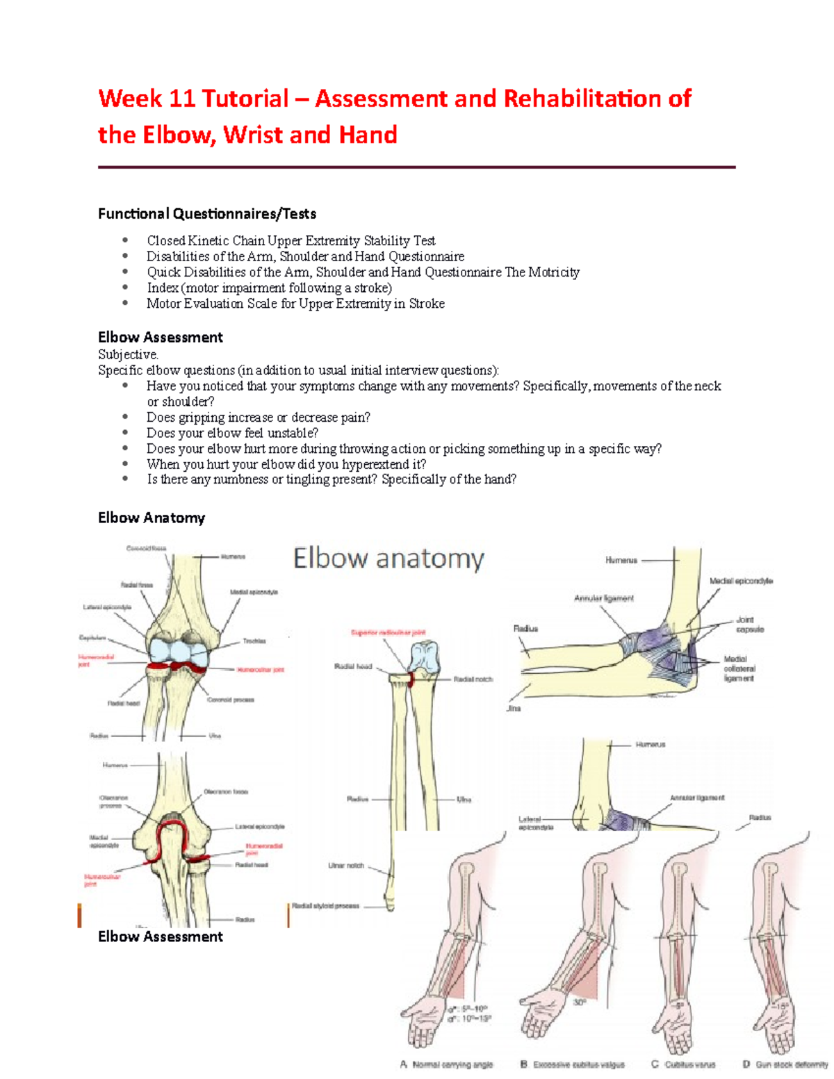 Week 11 Tutorial – Assessment and Rehabilitation of the Elbow - - Studocu