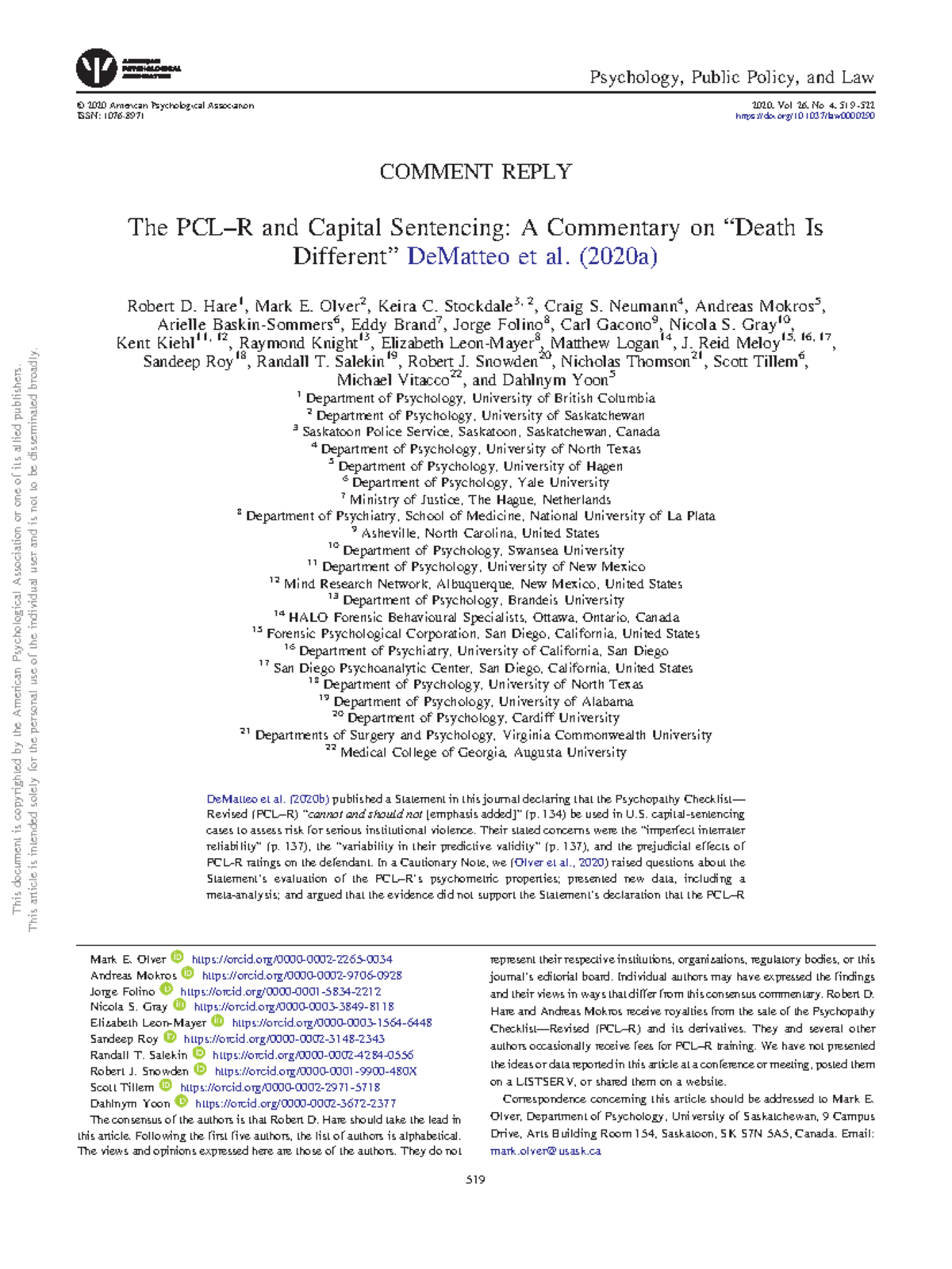 PCL-R and Capital Sentencing: A Commentary on DeMatteo et al. (2020 ...