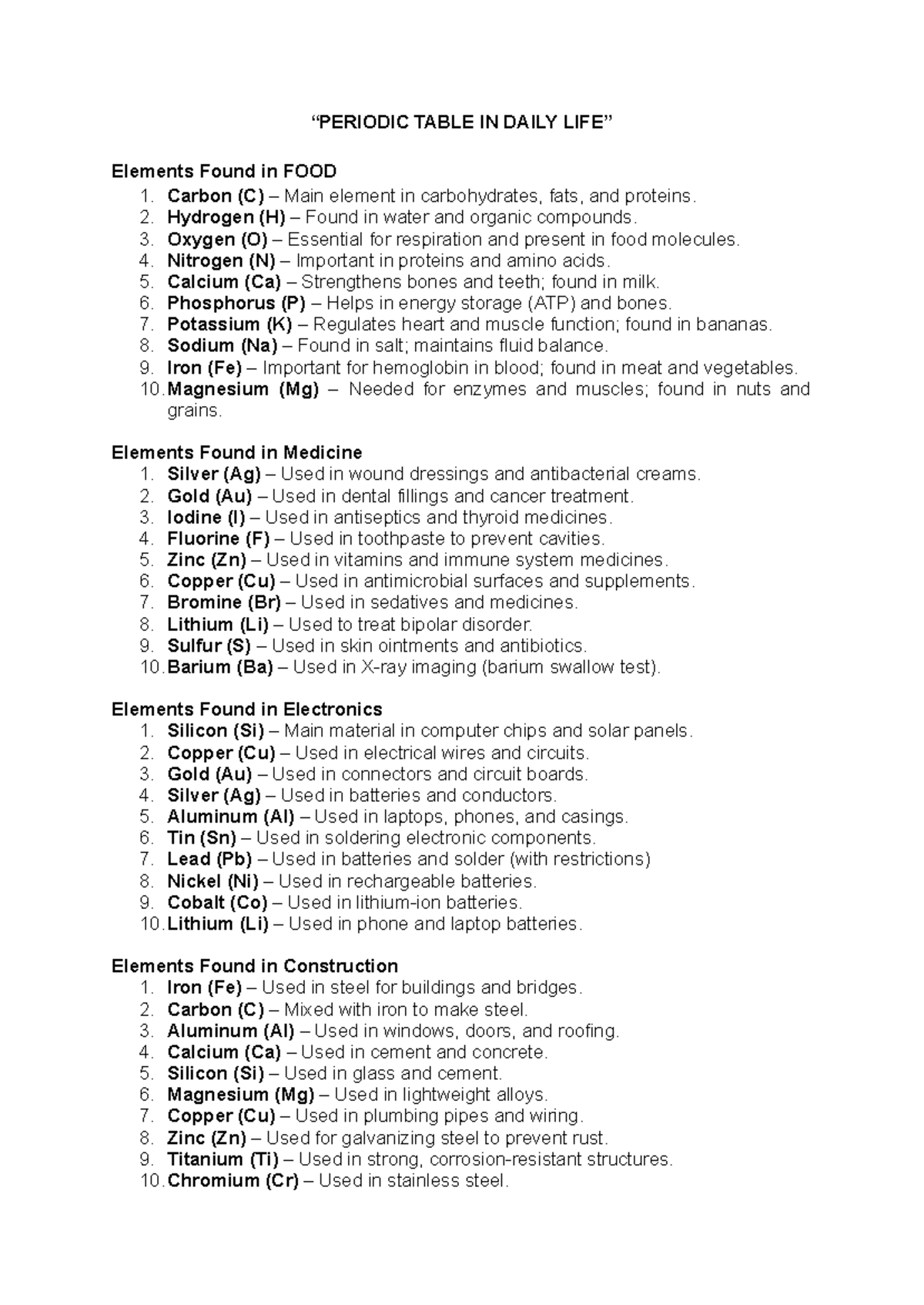 Periodic Table in Daily Life: Elements in Food, Medicine, Electronics ...