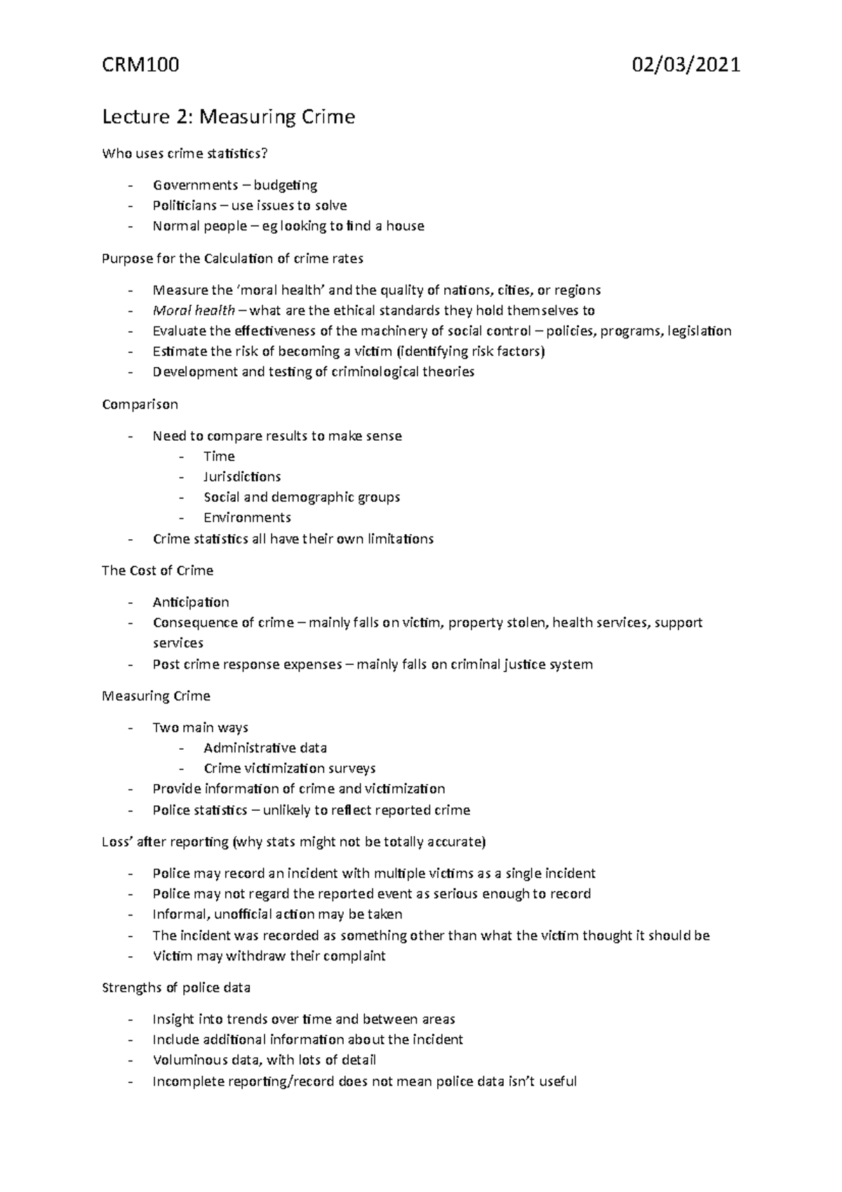 Lecture 2 Notes CRM100 - CRM100 02/03/ Lecture 2: Measuring Crime Who ...