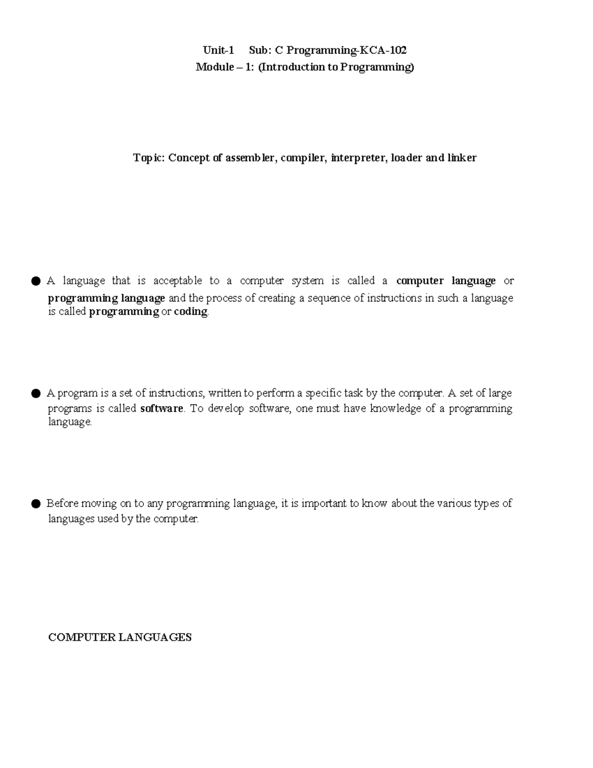 C language chapter 1 notes - Unit-1 Sub: C Programming-KCA- Module – 1 ...
