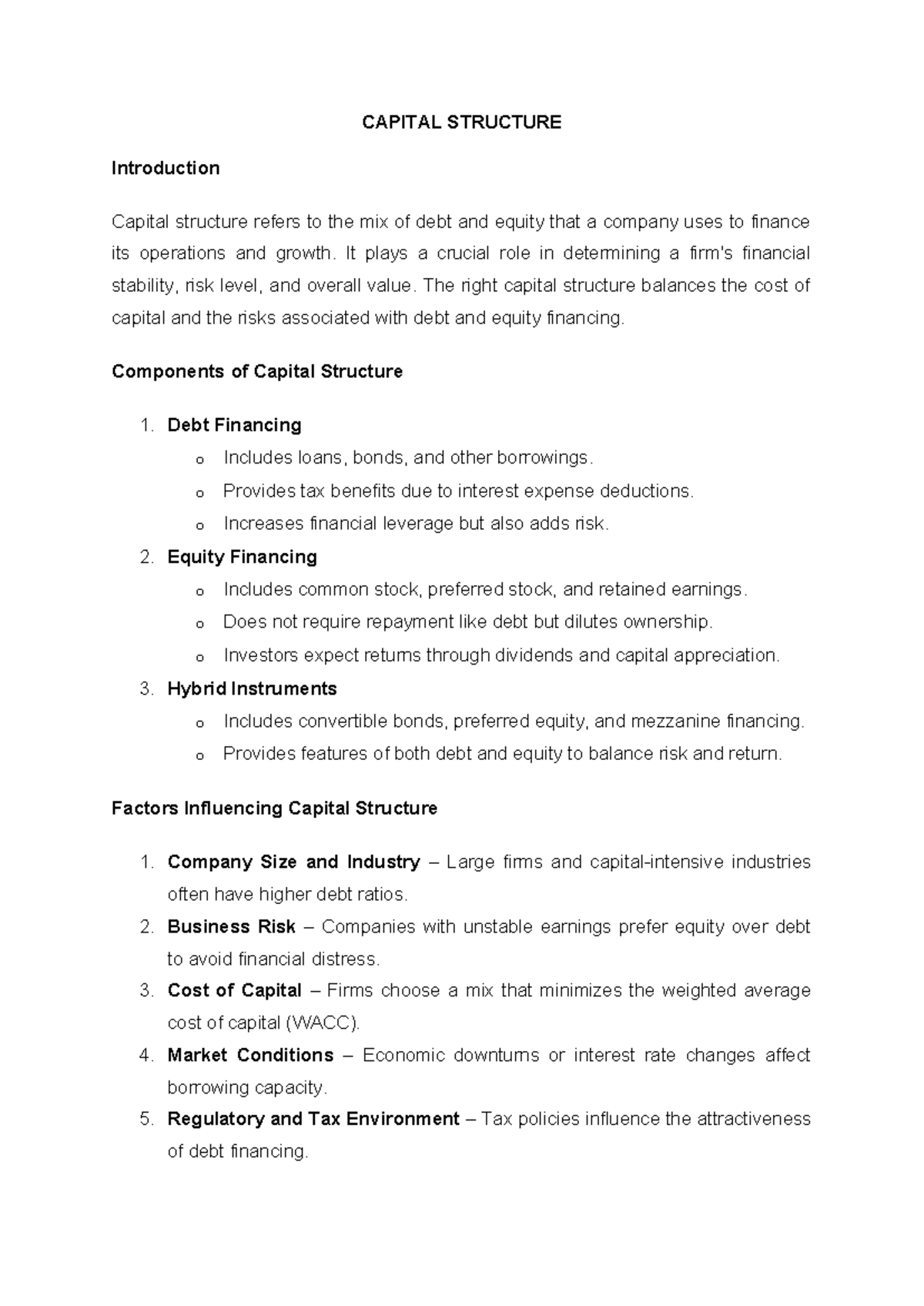FIN537 Capital Structure Explanation - CAPITAL STRUCTURE Introduction ...