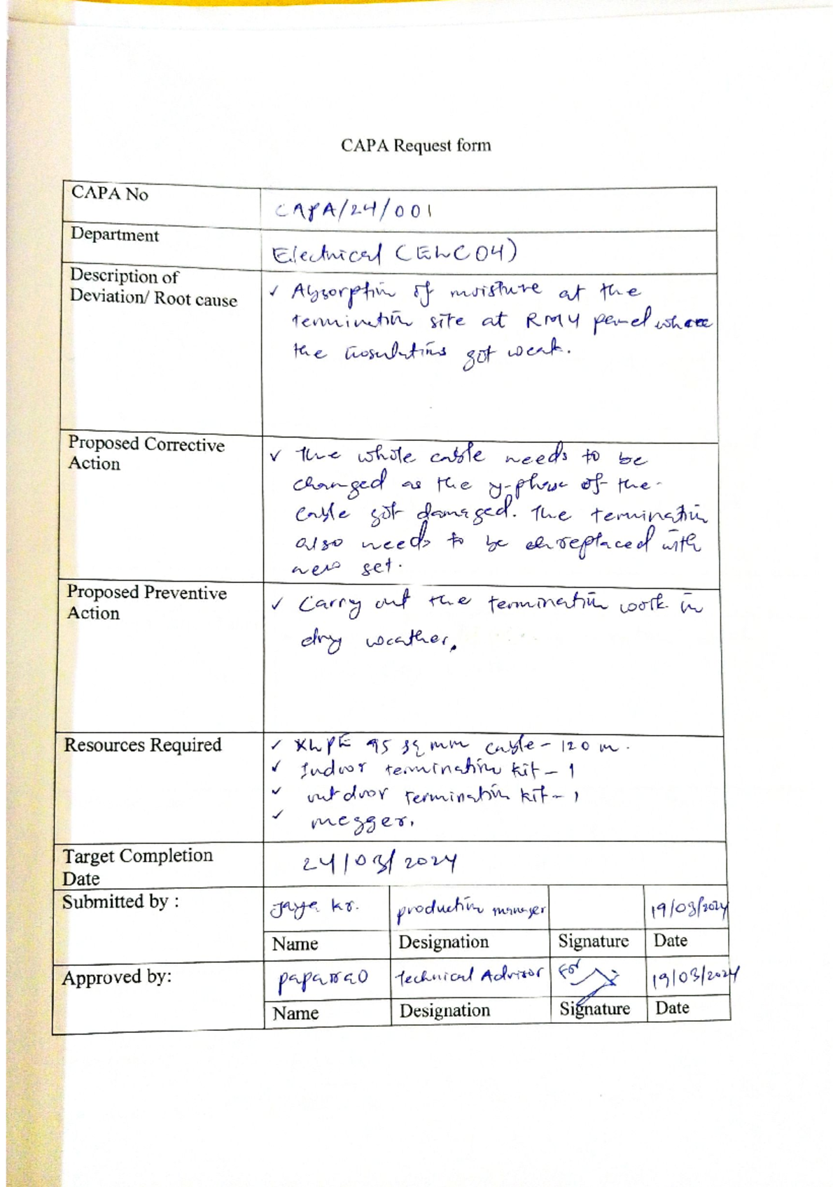 CAPA Request Form for Electrical and Maintenance Issues (ELC04, MTC03 ...