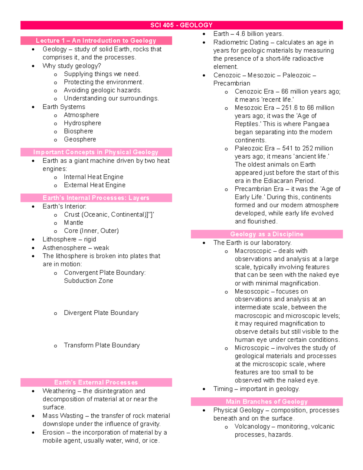 SCI 405 Geology Lecture 1 & 2 Reviewer: Concepts & Processes - Studocu