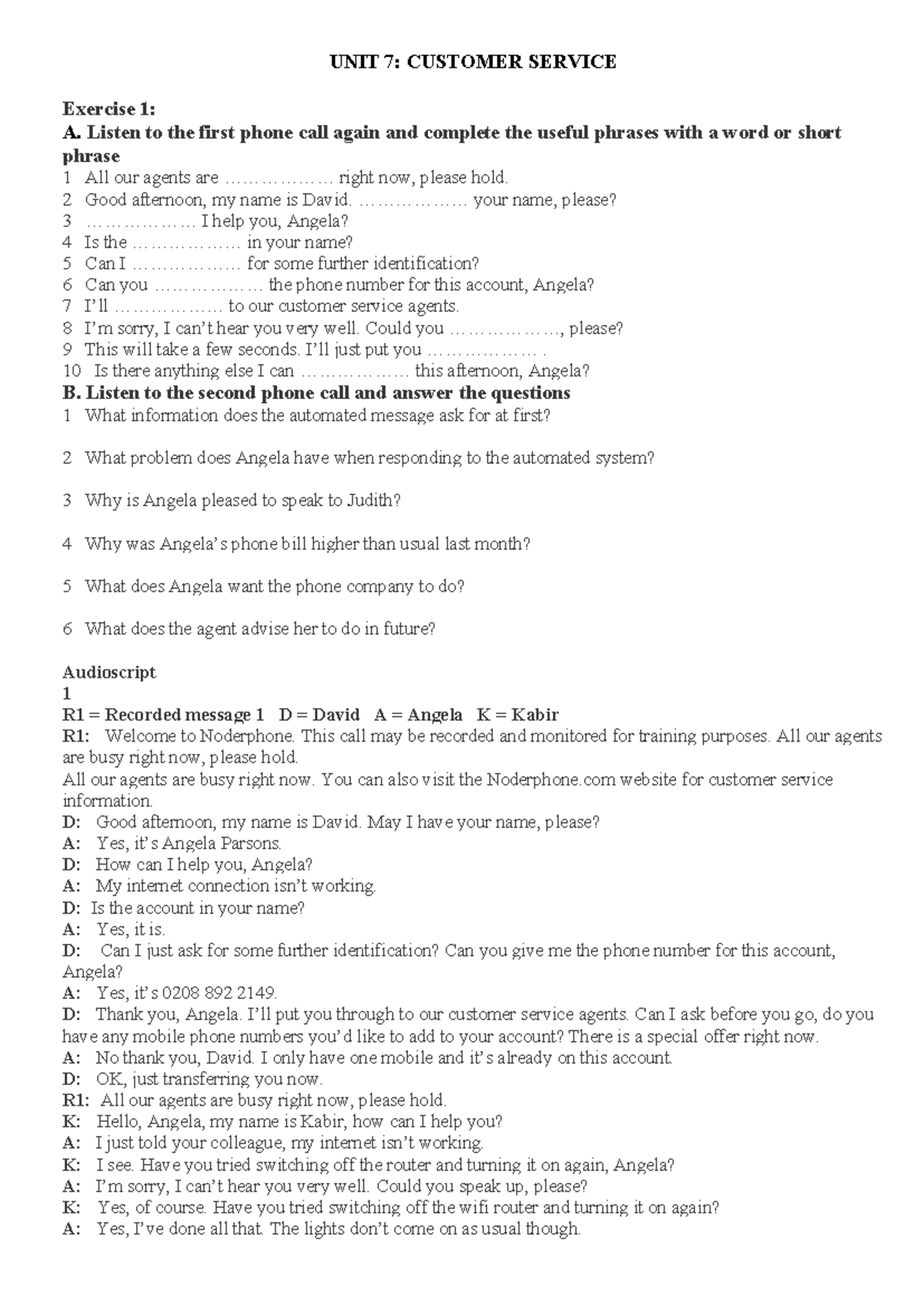 UNIT 7 - CUSTOMER SERVICE: Exercises and Key Concepts - Studocu