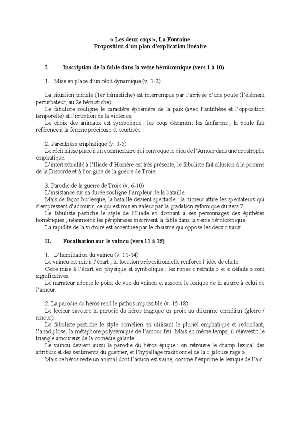 Analyse 11 - « Les deux coqs », La Fontaine Proposition d’un plan d ...