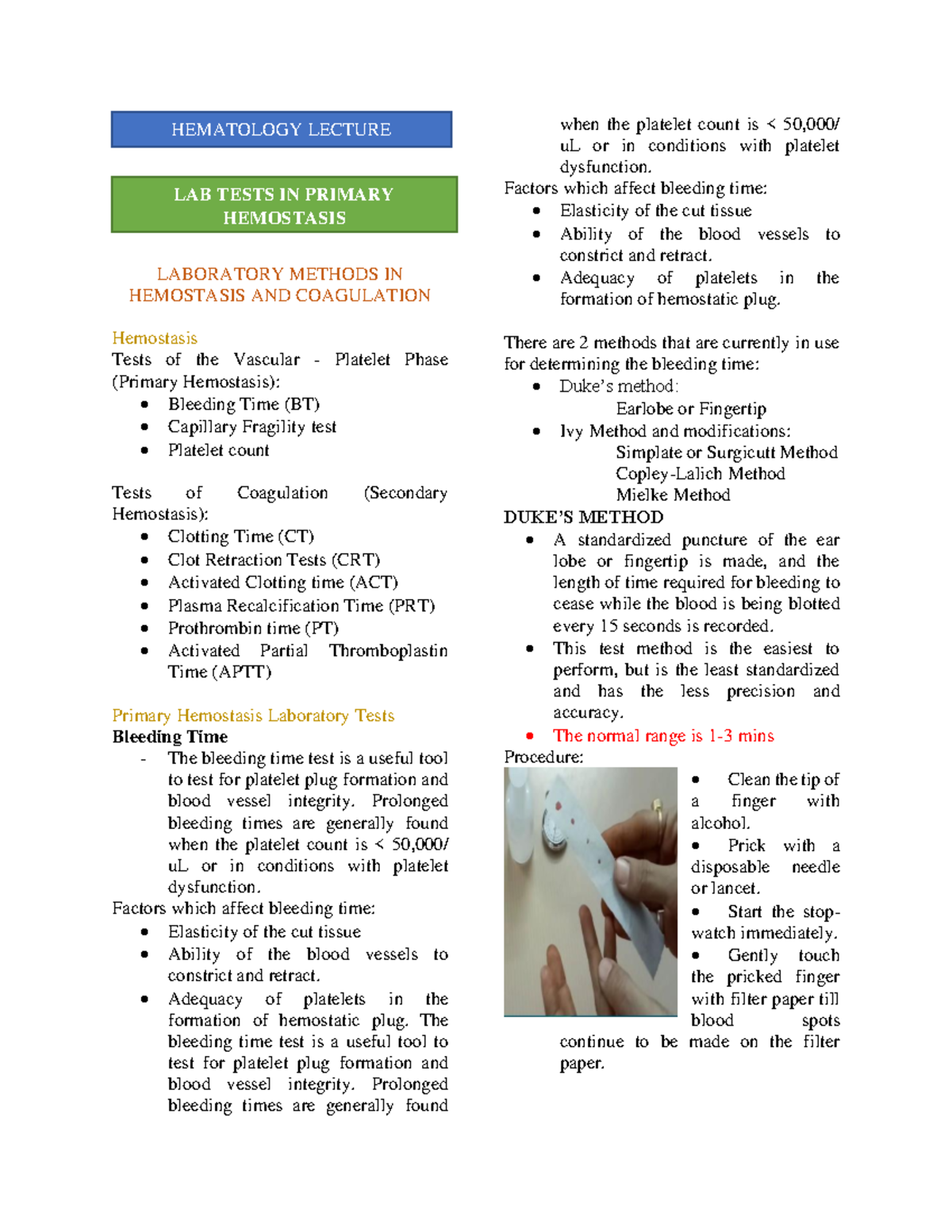 LAB Tests IN Primary Hemostasis Reviewer HEMA2(LEC) - LABORATORY ...